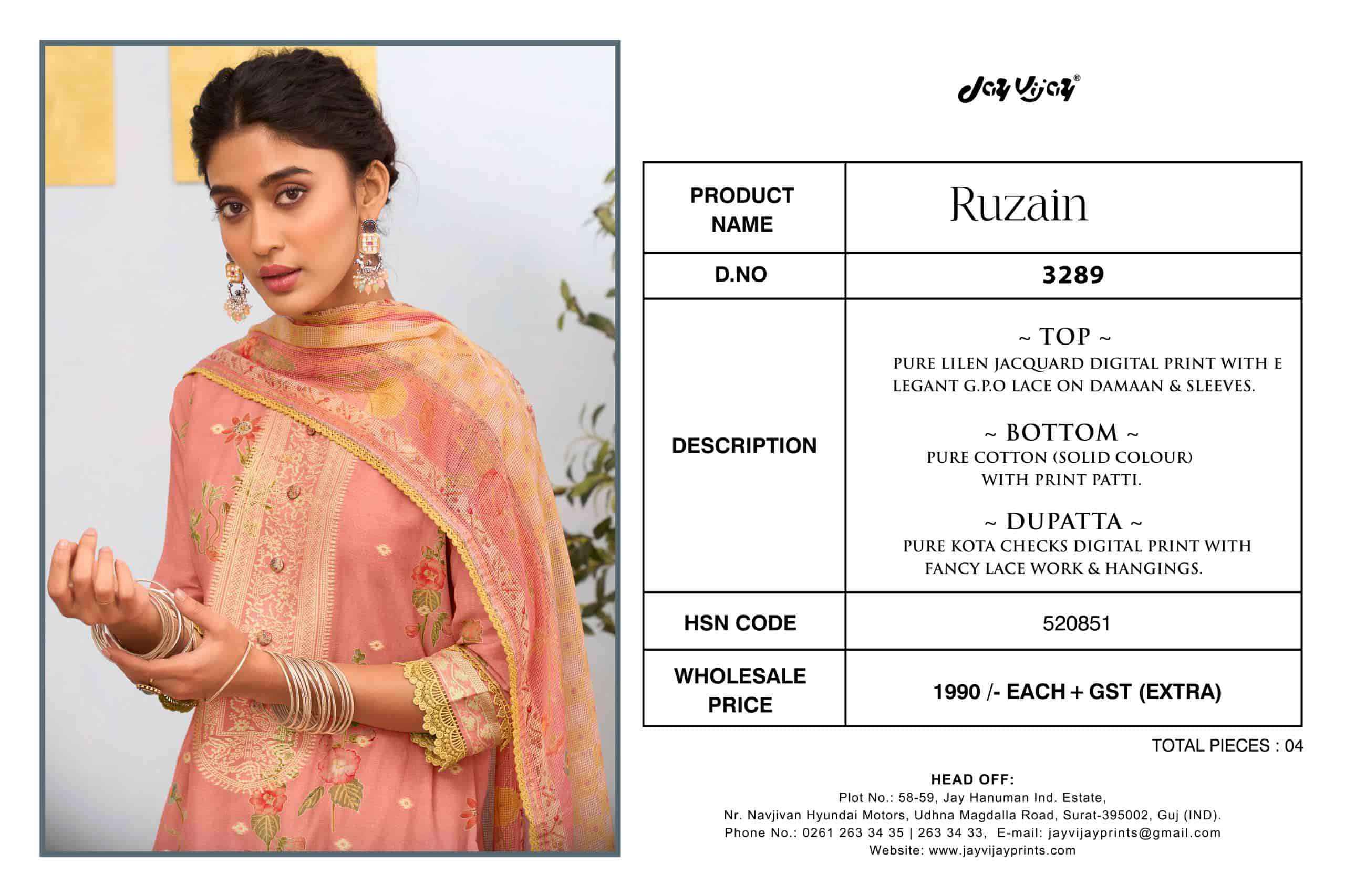 Jay Vijay Ruzain 3289 Pure Linen Jacquard Designer Salwar Kameez Wholesale Rate ( 4 Pcs Catalog )