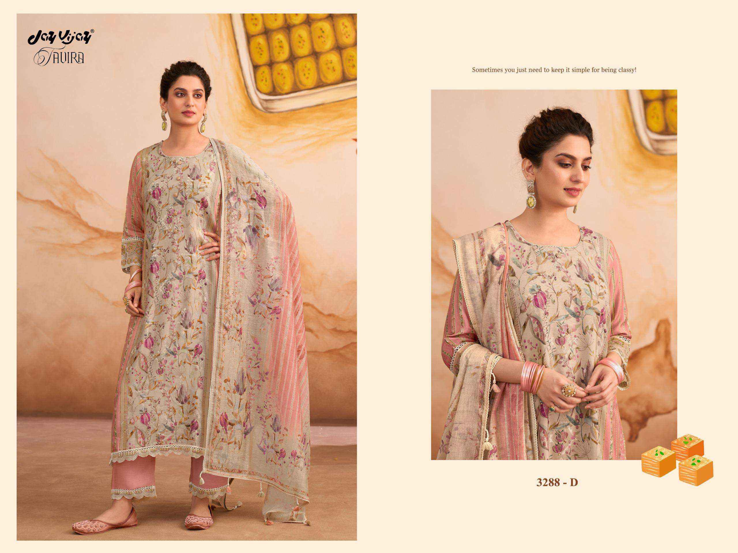 Jay Vijay Tavira 3288 Premium Designs Muslin Salwar Kameez Wholesale Rate ( 4 Pcs Catalog )