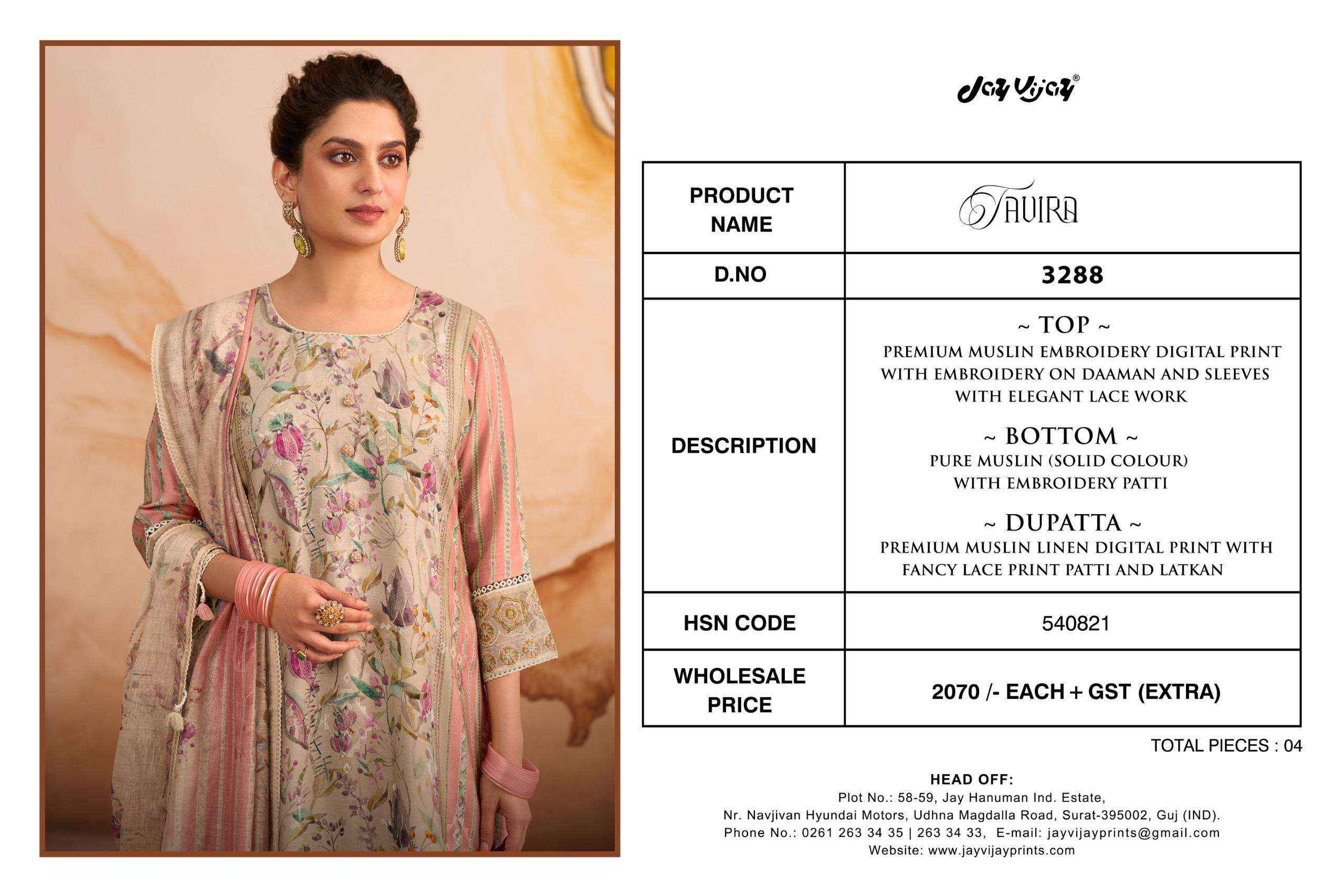 Jay Vijay Tavira 3288 Premium Designs Muslin Salwar Kameez Wholesale Rate ( 4 Pcs Catalog )