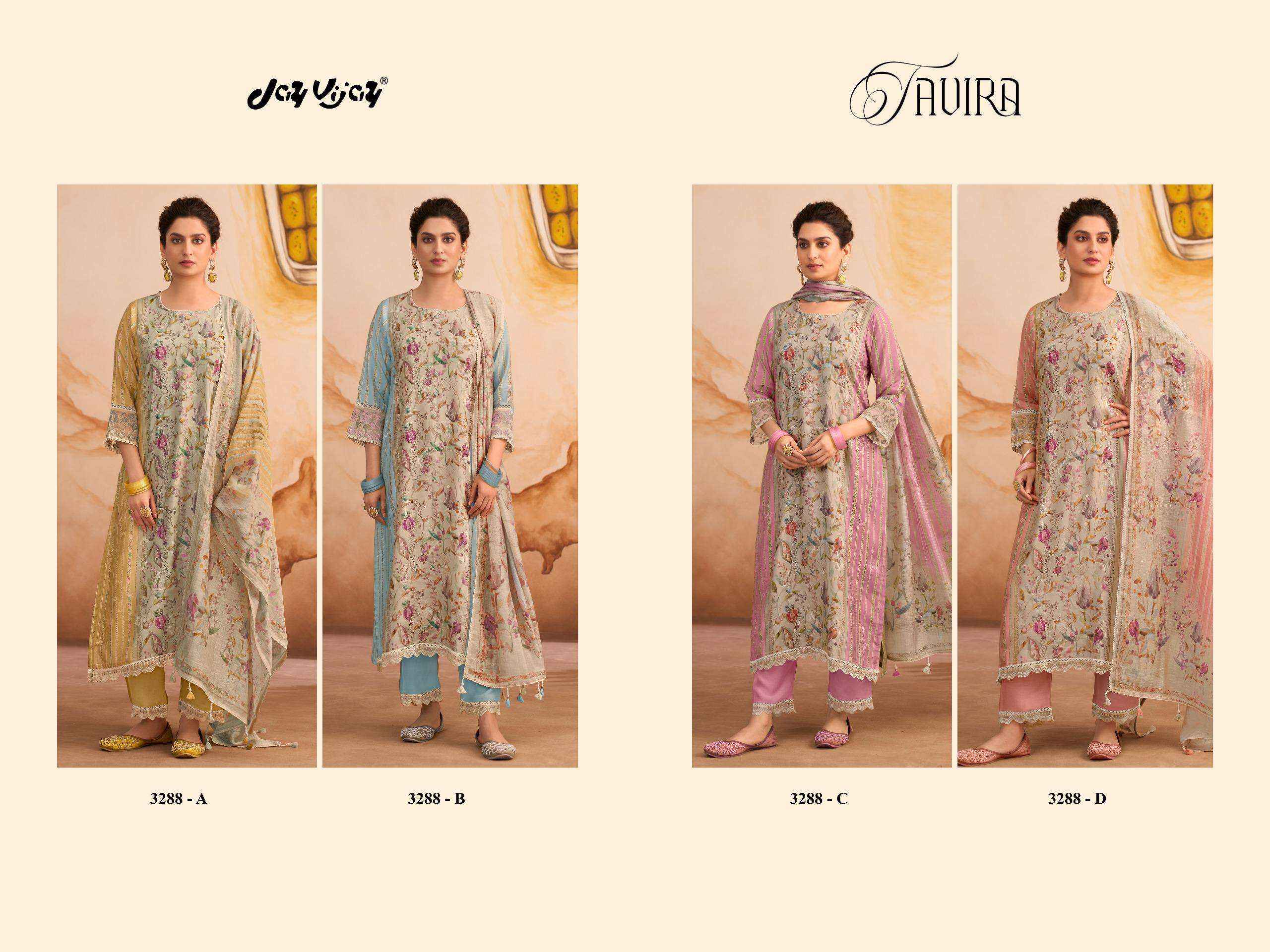Jay Vijay Tavira 3288 Premium Designs Muslin Salwar Kameez Wholesale Rate ( 4 Pcs Catalog )