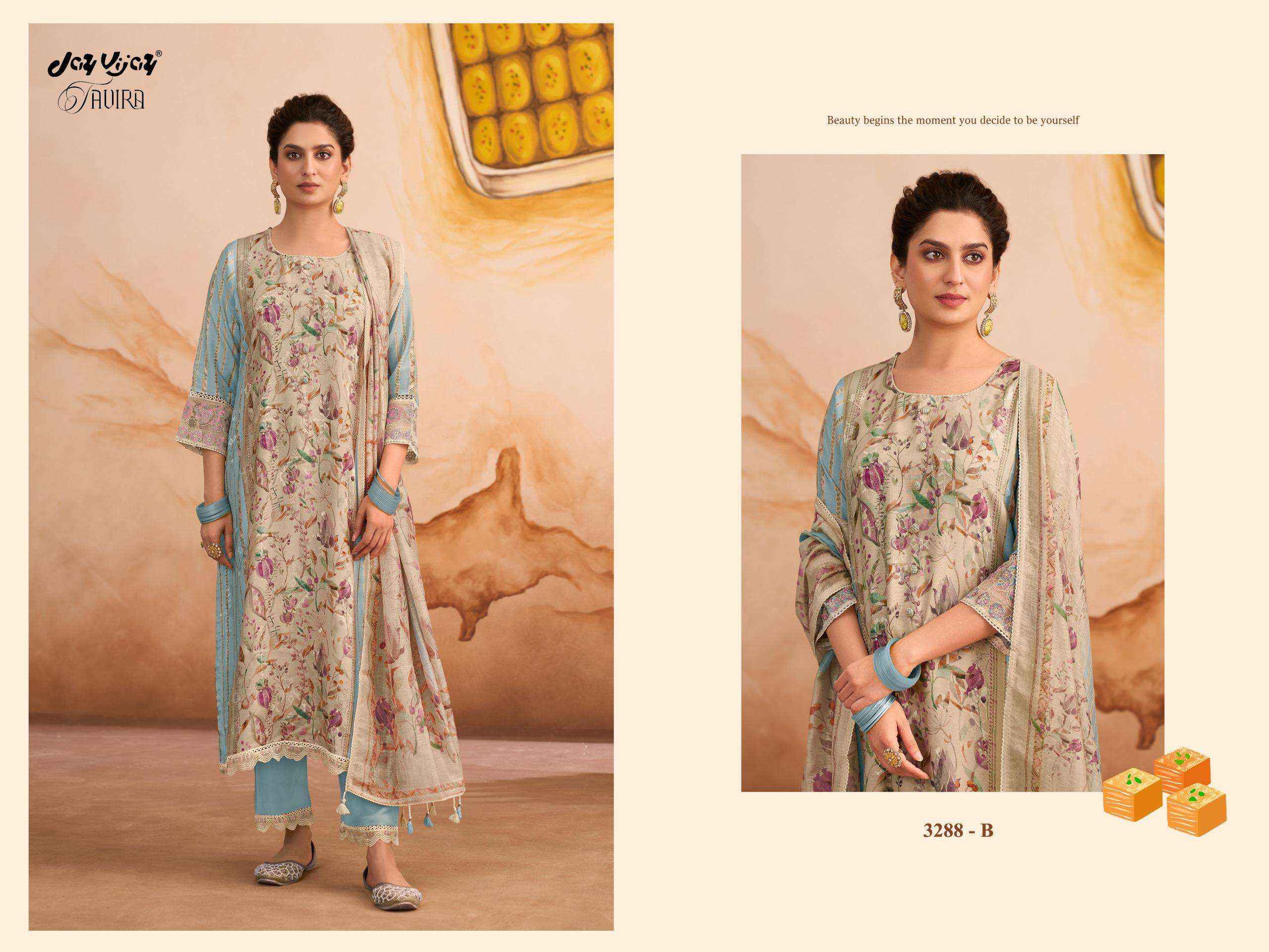 Jay Vijay Tavira 3288 Premium Designs Muslin Salwar Kameez Wholesale Rate ( 4 Pcs Catalog )