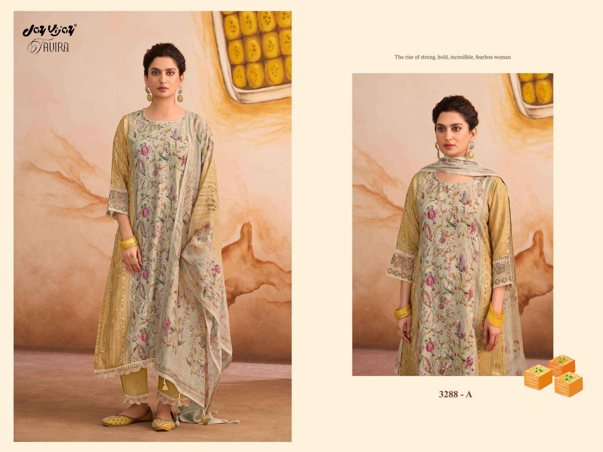 Jay Vijay Tavira 3288 Premium Designs Muslin Salwar Kameez Wholesale Rate ( 4 Pcs Catalog )