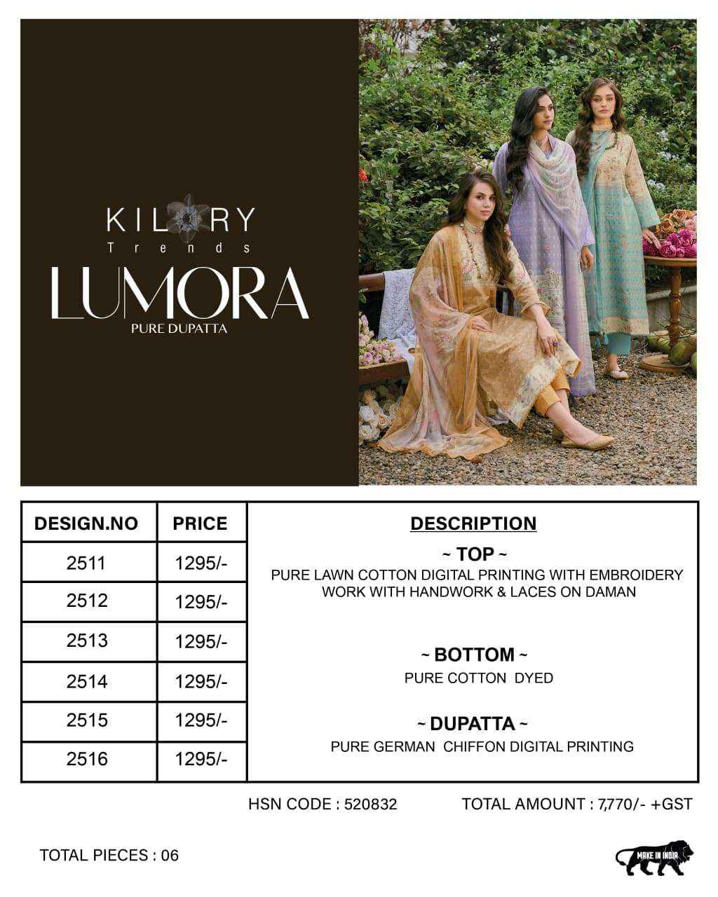 Kilory Lumora Pure Lawn Cotton Fancy Salwar Kameez Wholesale Rate ( 6 Pcs Catalog )