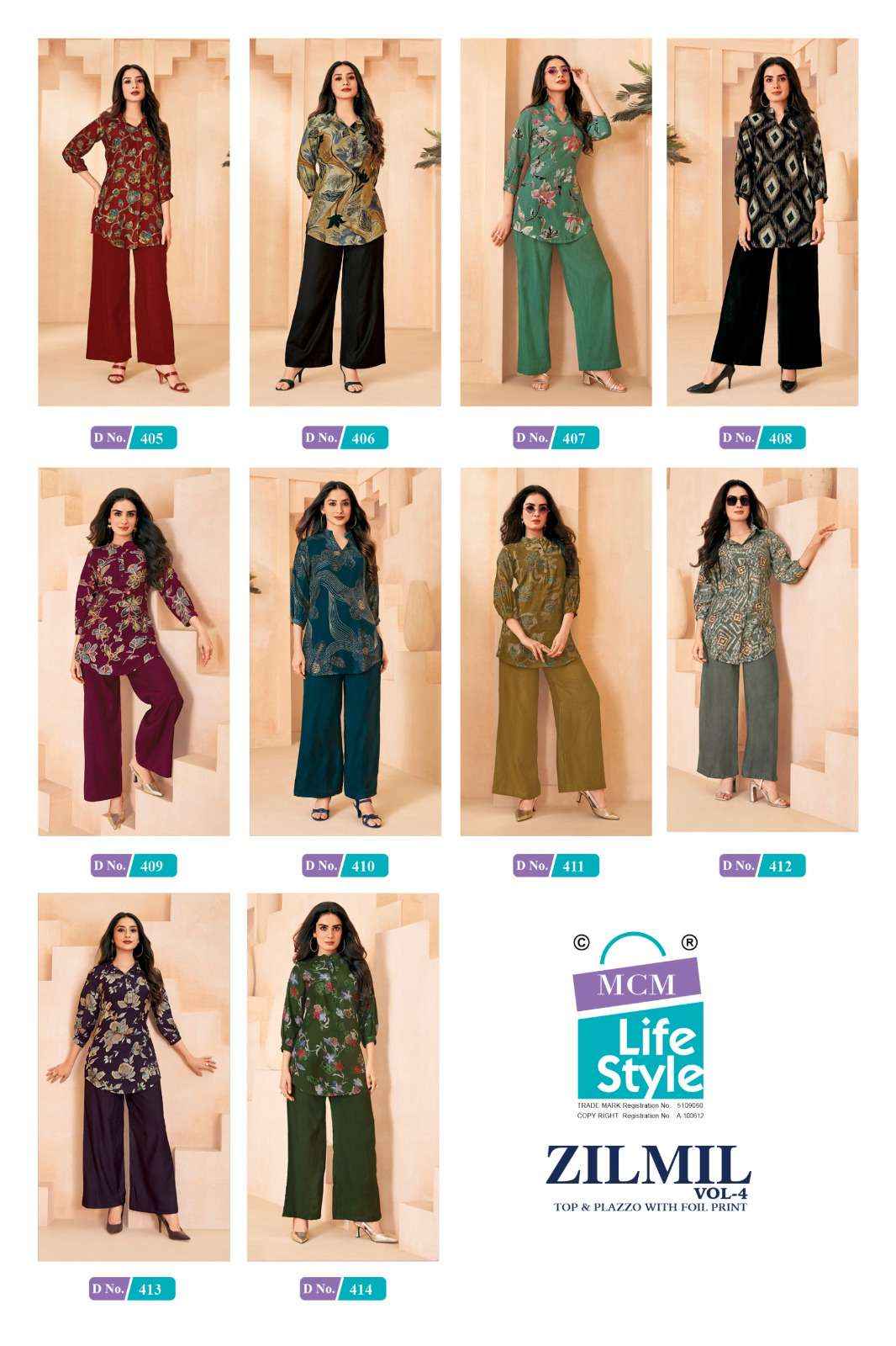 Mcm Lifestyle Zilmil Vol 4 Premium Wear Top Palazzo Pair Wholesale Rate ( 10 Pcs Catalog )