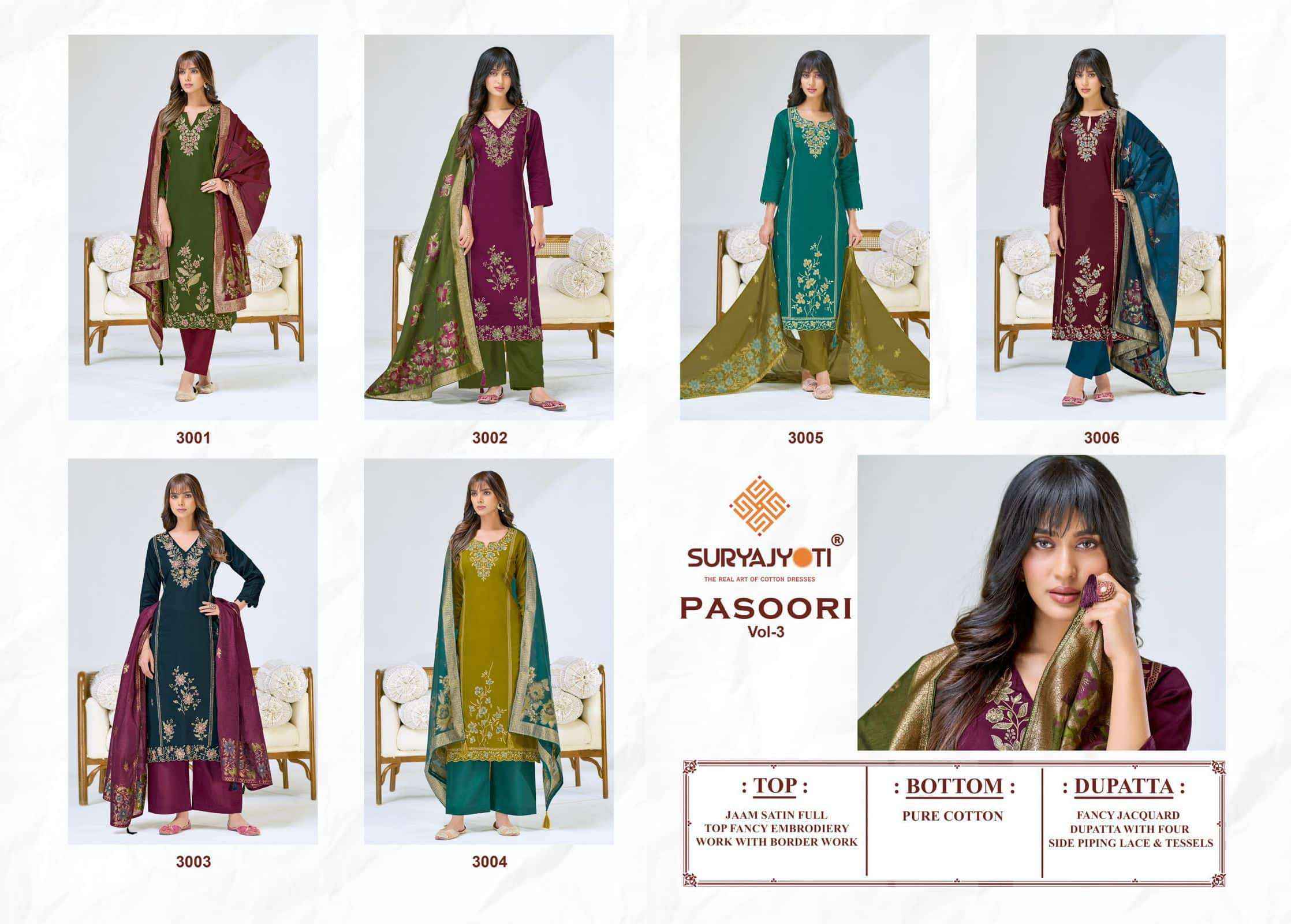 Suryajyoti Pasoori Vol 3 Pure Jam Satin Ladies Salwar Kameez Wholesale Rate ( 6 Pcs Catalog )