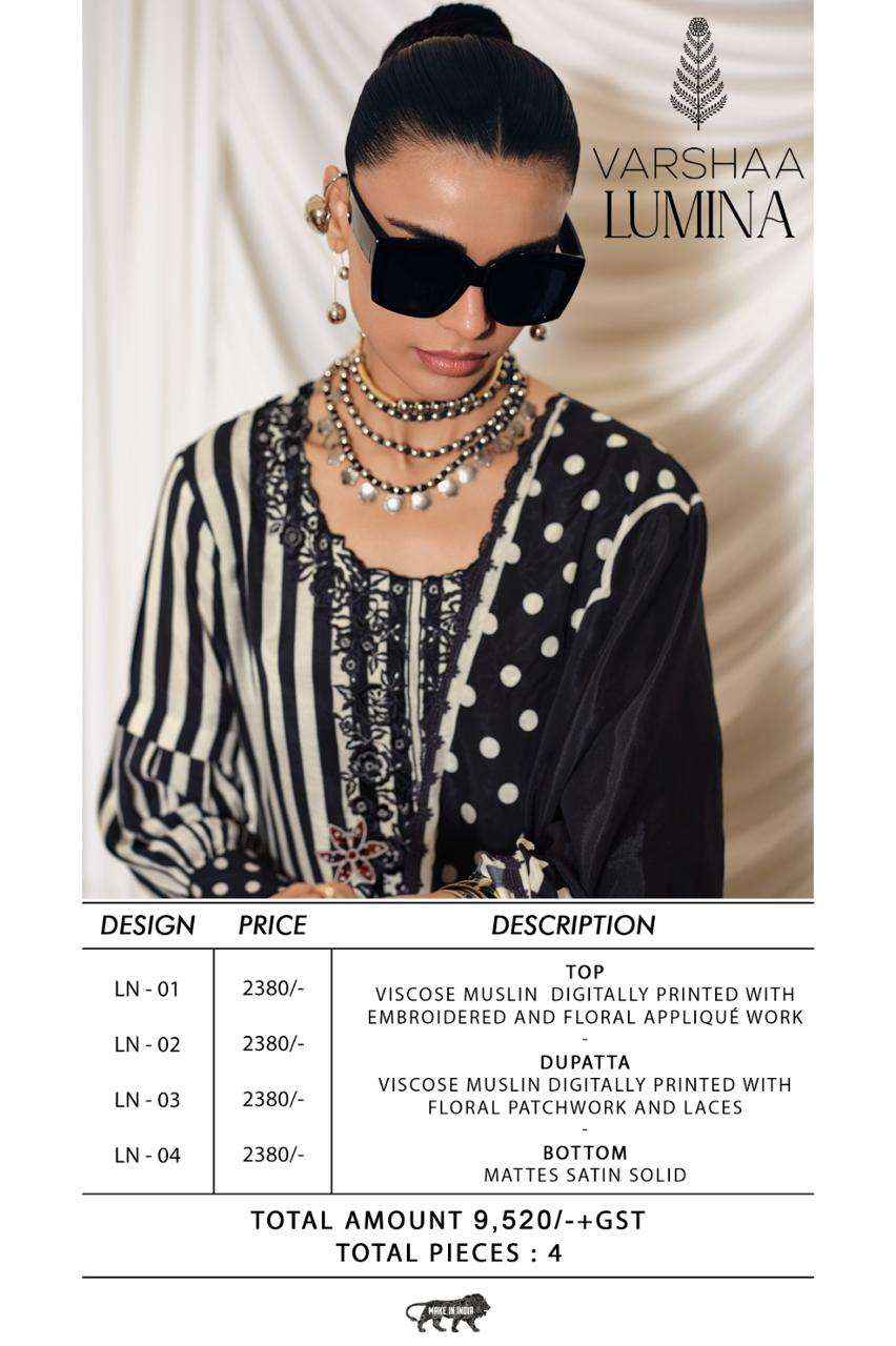 Varsha Lumina Exclusive Designs Muslin Salwar Kameez Wholesale Rate ( 4 Pcs Catalog )