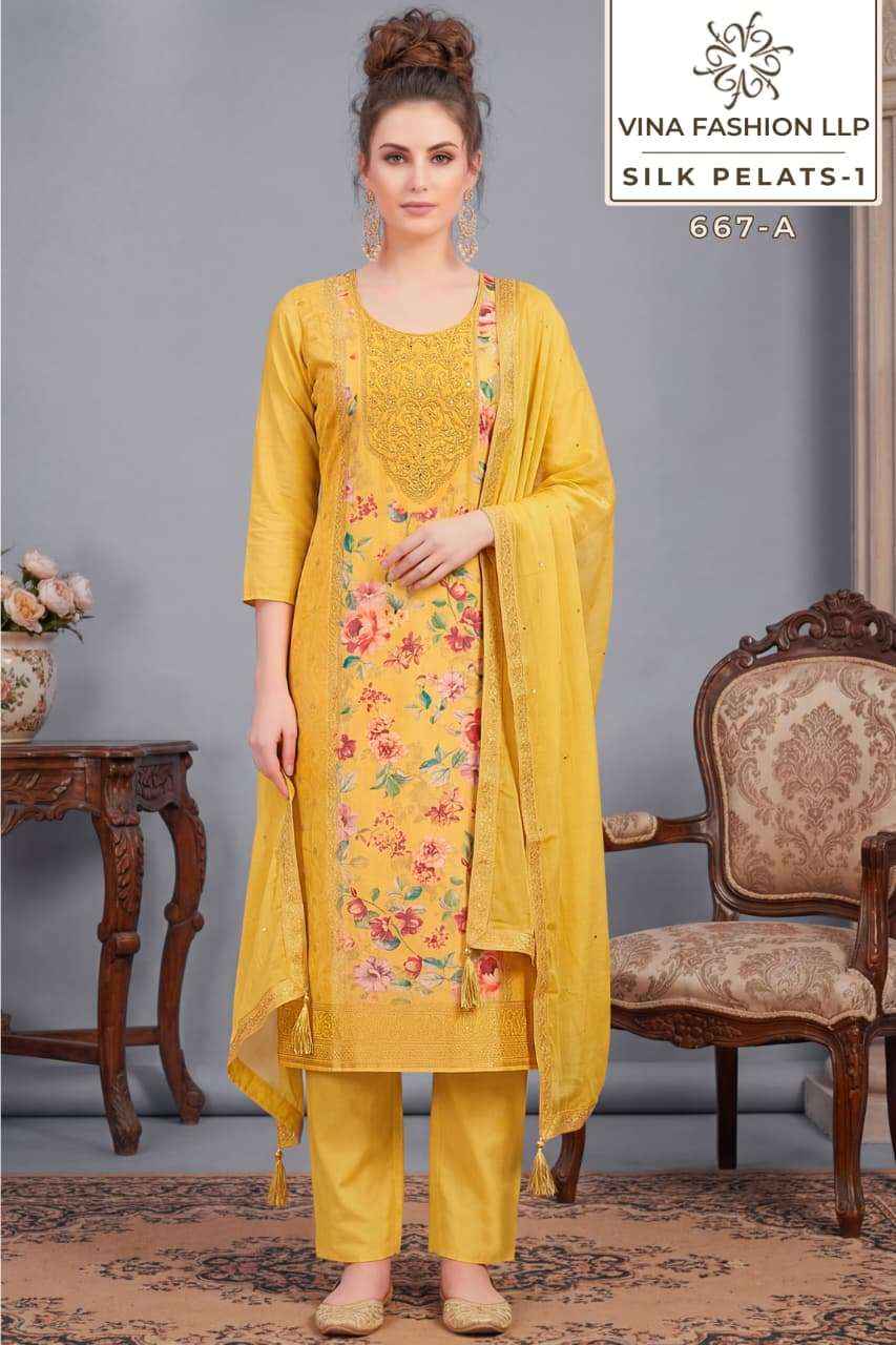 Vinay Fashion Kuleesh Silk Petals Exclusive Russian Silk Salwar Kameez Wholesale Rate ( 4 Pcs Catalog )