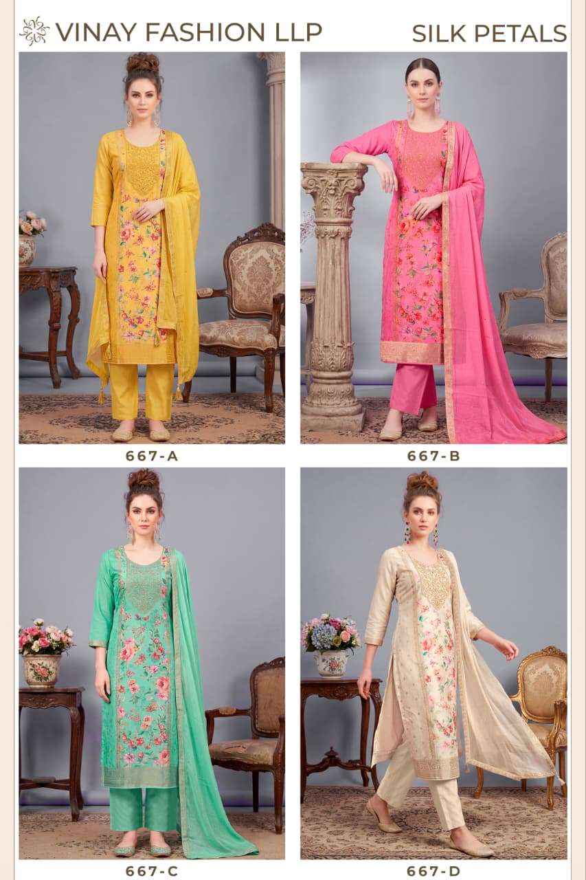 Vinay Fashion Kuleesh Silk Petals Exclusive Russian Silk Salwar Kameez Wholesale Rate ( 4 Pcs Catalog )