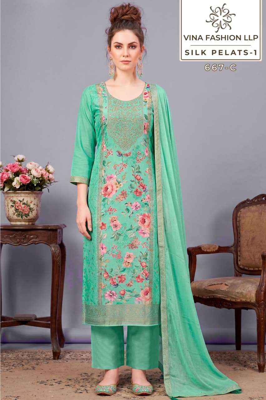 Vinay Fashion Kuleesh Silk Petals Exclusive Russian Silk Salwar Kameez Wholesale Rate ( 4 Pcs Catalog )
