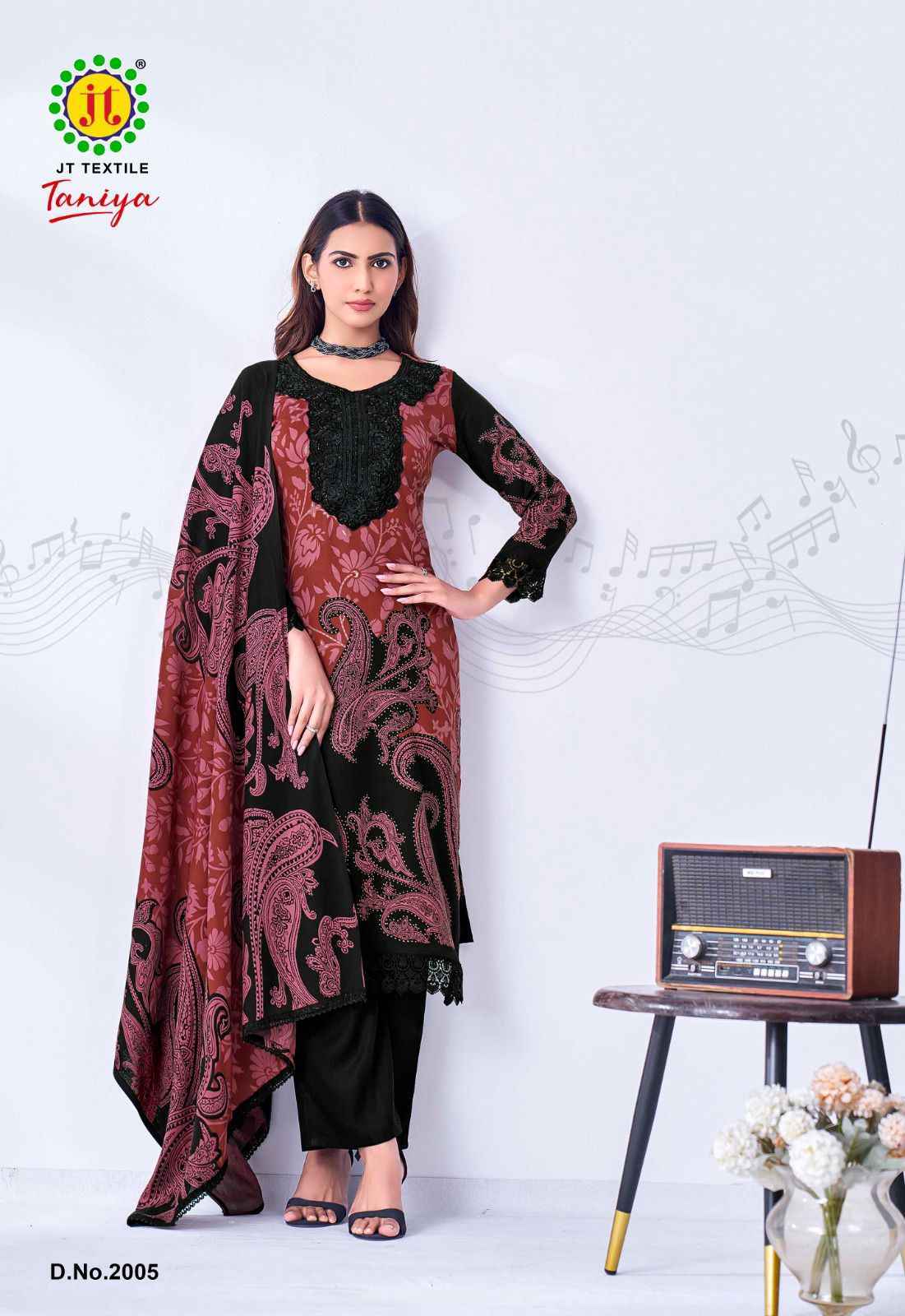 Jt Black Taniya Vol 2 Rayon Salwar Kameez Wholesale Rate ( 5 Pcs Catalog )