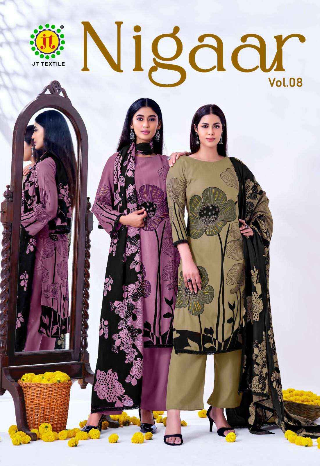 Jt Nigaar Vol 8 Exclusive Designs Rayon Salwar Kameez Wholesale Rate ( 5 Pcs Catalog )