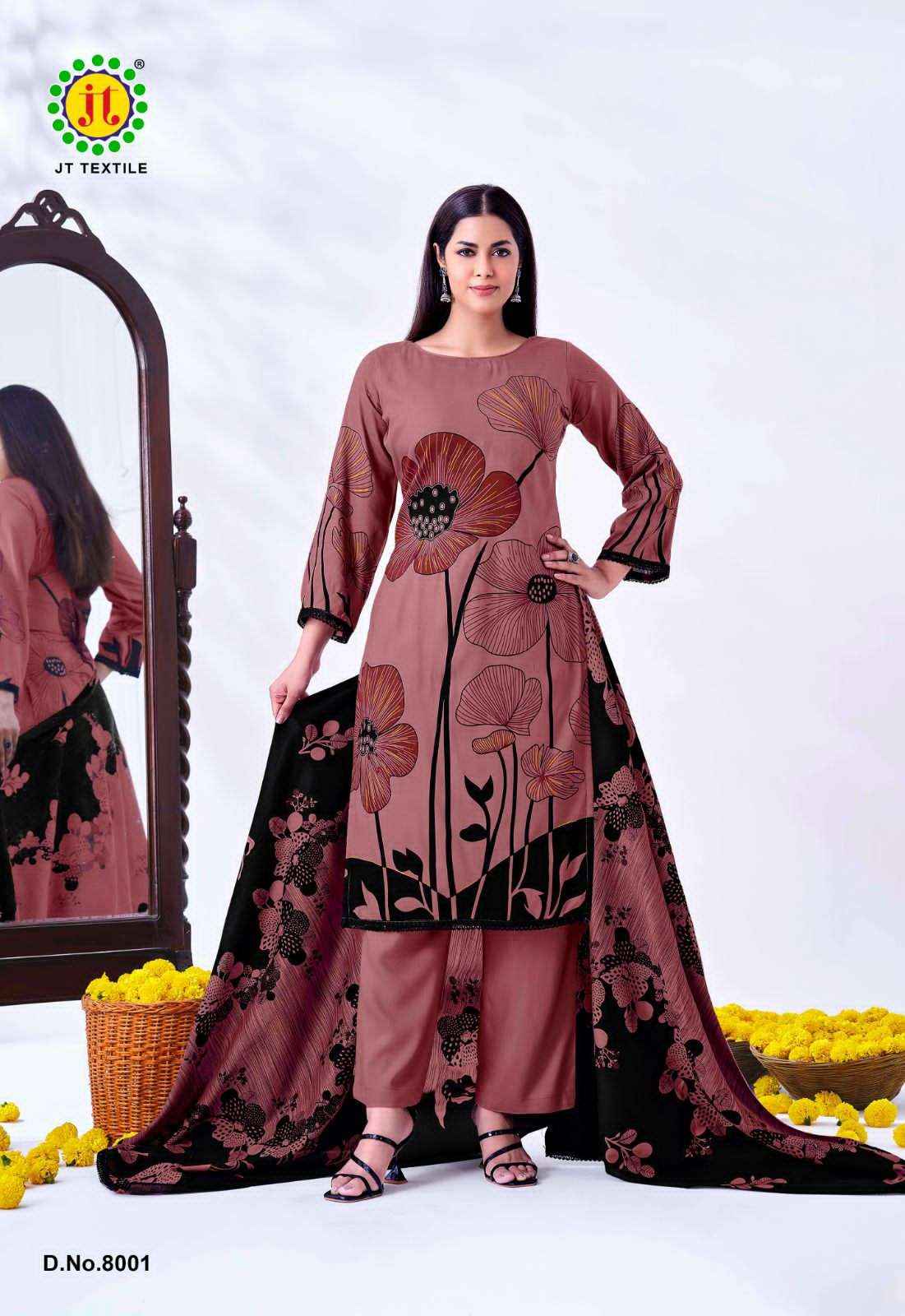 Jt Nigaar Vol 8 Exclusive Designs Rayon Salwar Kameez Wholesale Rate ( 5 Pcs Catalog )