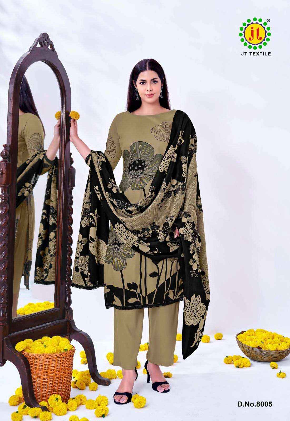 Jt Nigaar Vol 8 Exclusive Designs Rayon Salwar Kameez Wholesale Rate ( 5 Pcs Catalog )