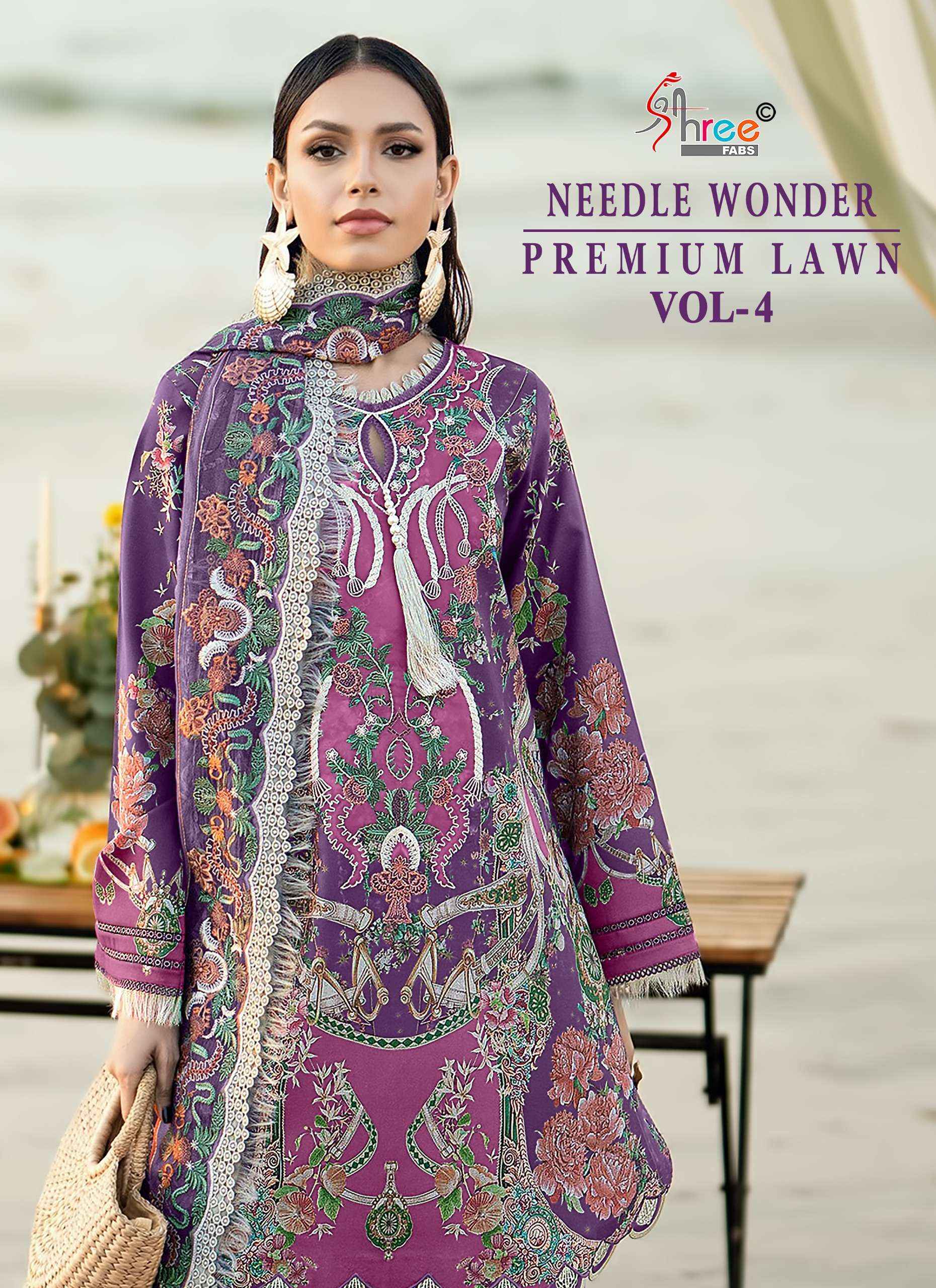SHREE FABS NEEDLE WONDER LAWN VOL 4 SUITS WHOLESALE 8 PCS CATALOGUE