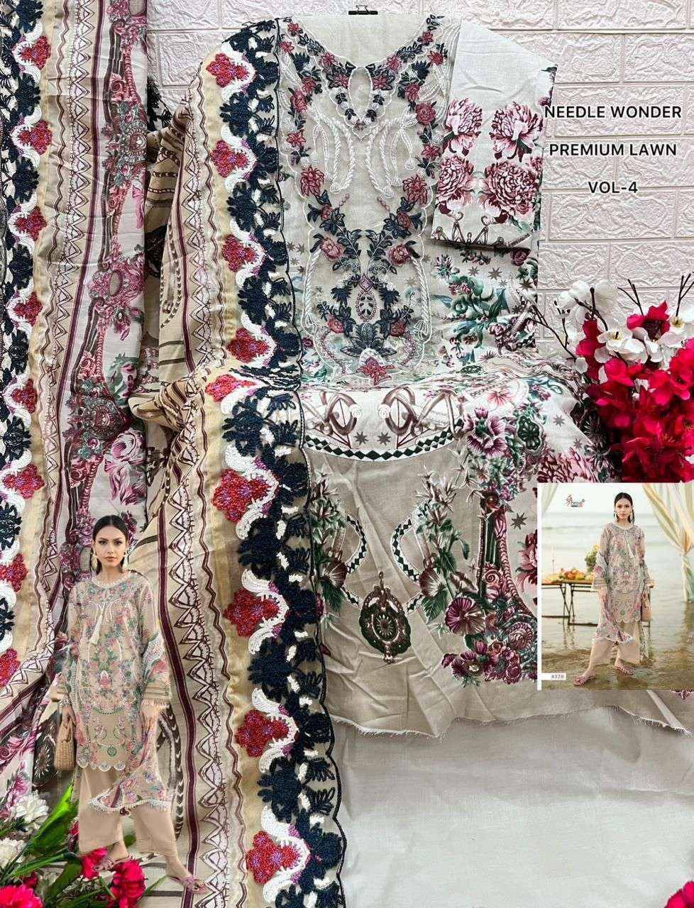 SHREE FABS NEEDLE WONDER LAWN VOL 4 SUITS WHOLESALE 8 PCS CATALOGUE