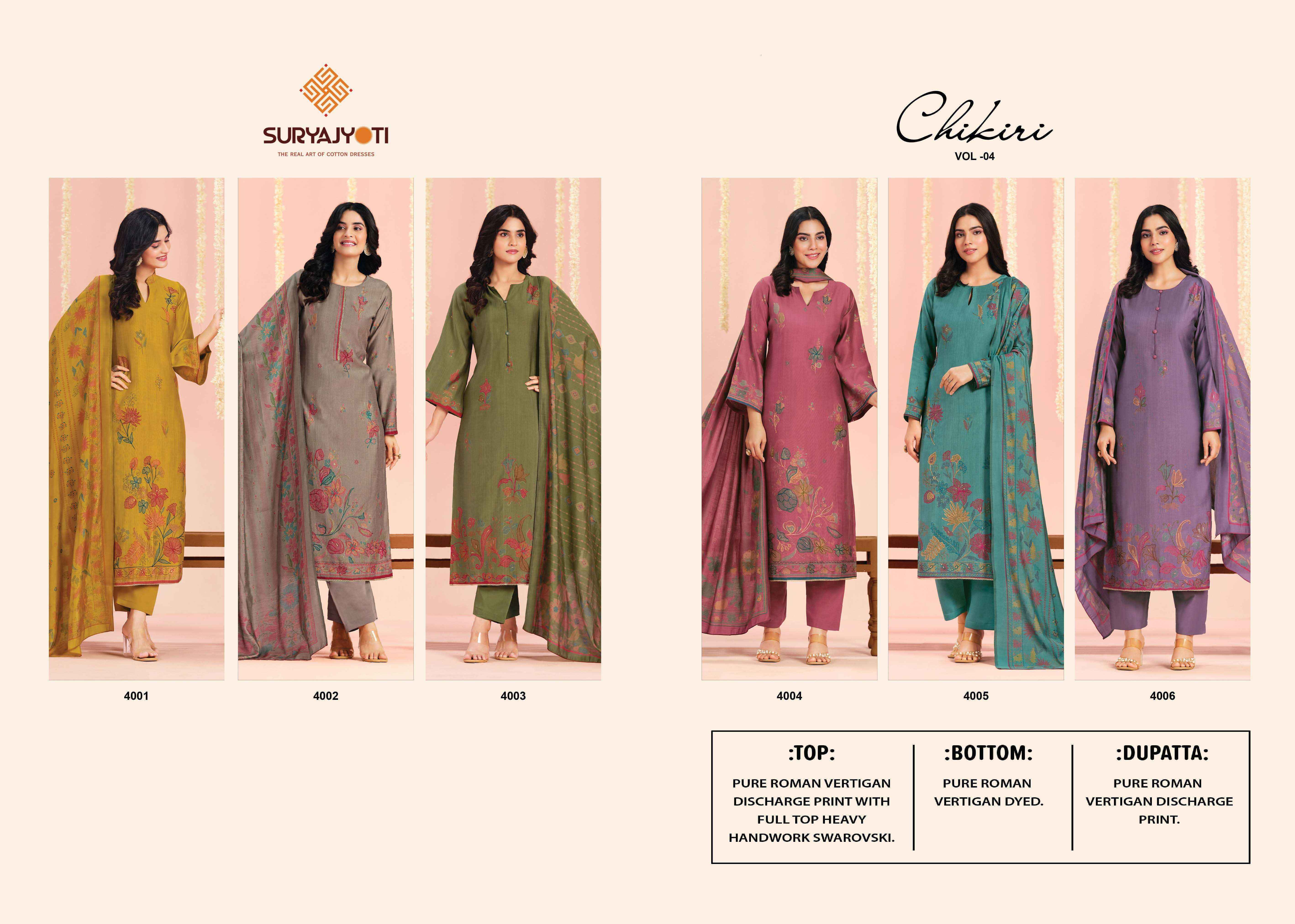 Suryajyoti Chikiri Vol 4 Roman Silk Dress Material Wholesale Surat Market ( 6 Pcs Catalouge )