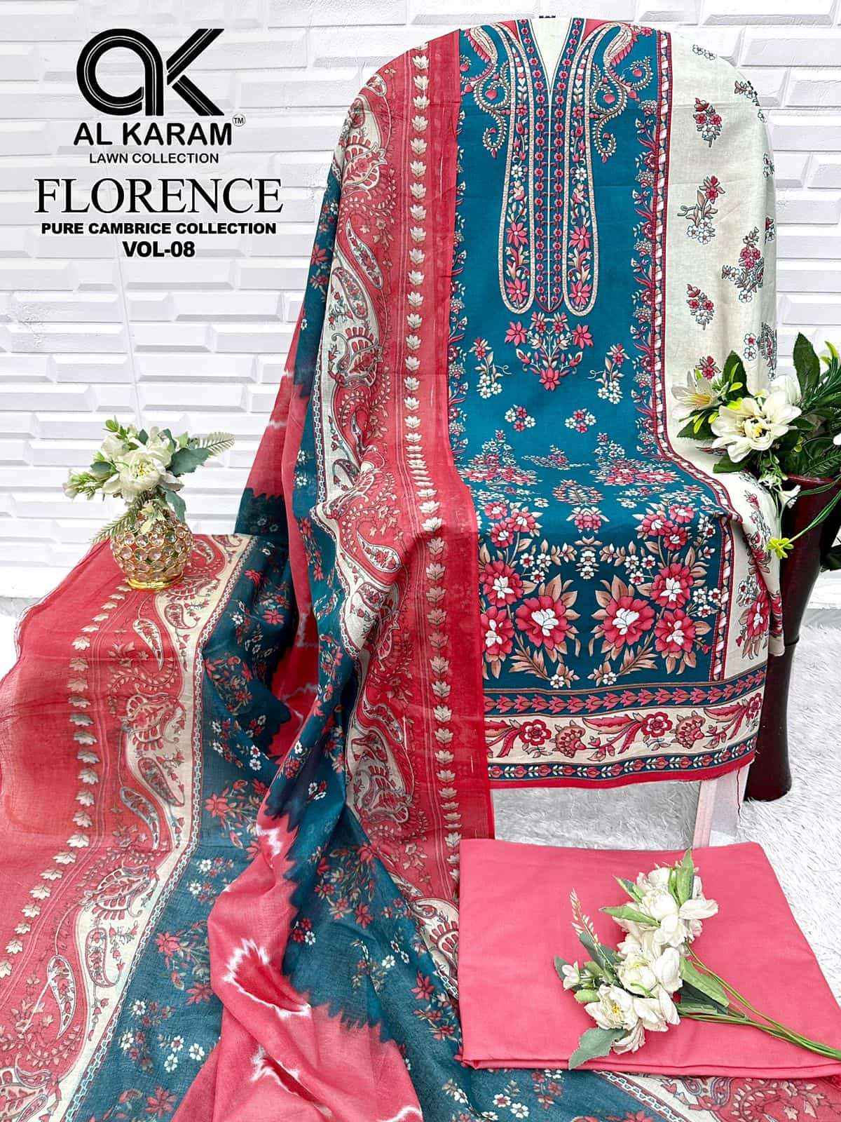 Al Karam Florence Vol 8 Pure Cambric Cotton Salwar Kameez _ Buy Surat Wholesale Market Price ( 6 Pcs Catalog )
