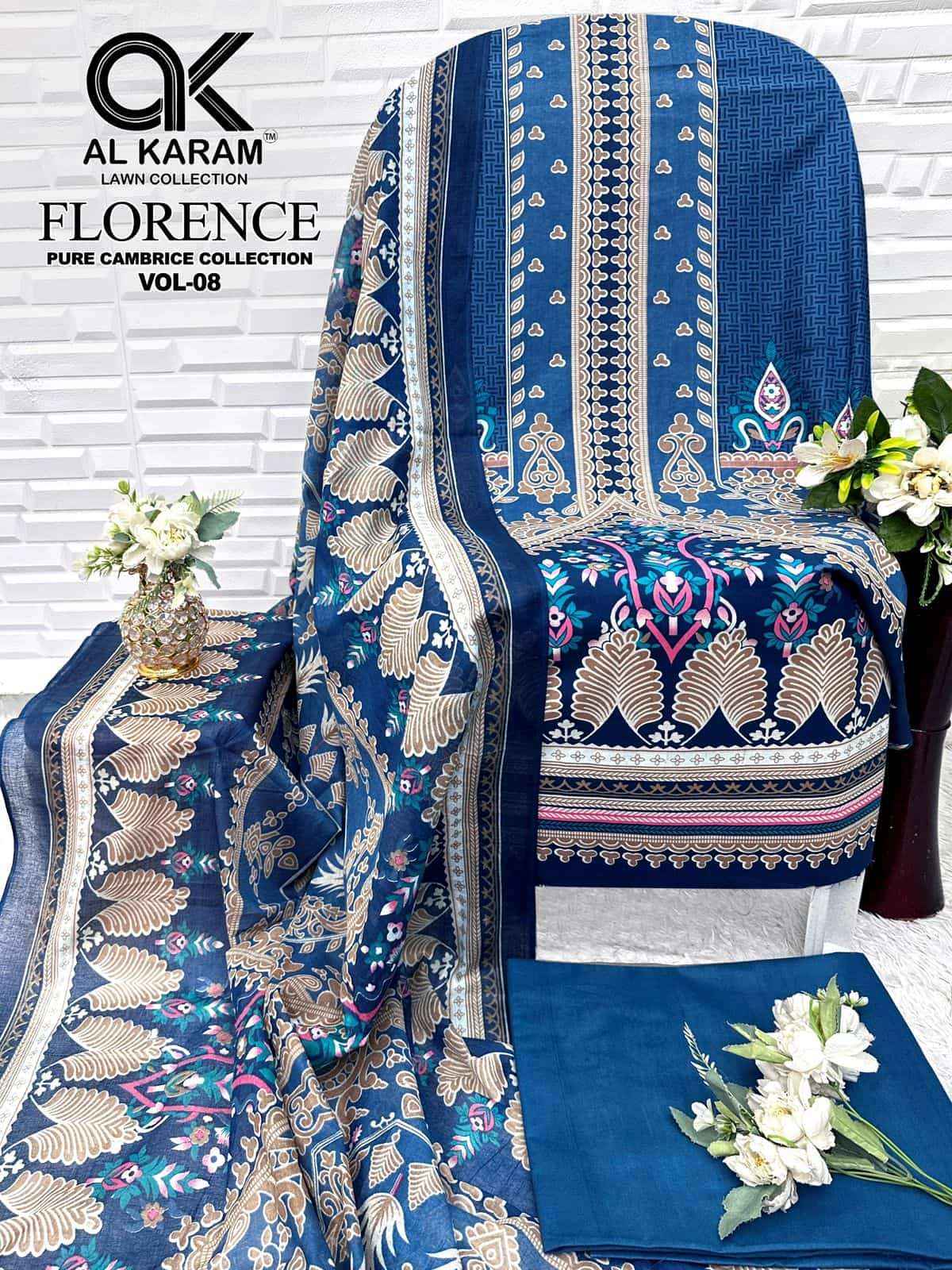 Al Karam Florence Vol 8 Pure Cambric Cotton Salwar Kameez _ Buy Surat Wholesale Market Price ( 6 Pcs Catalog )
