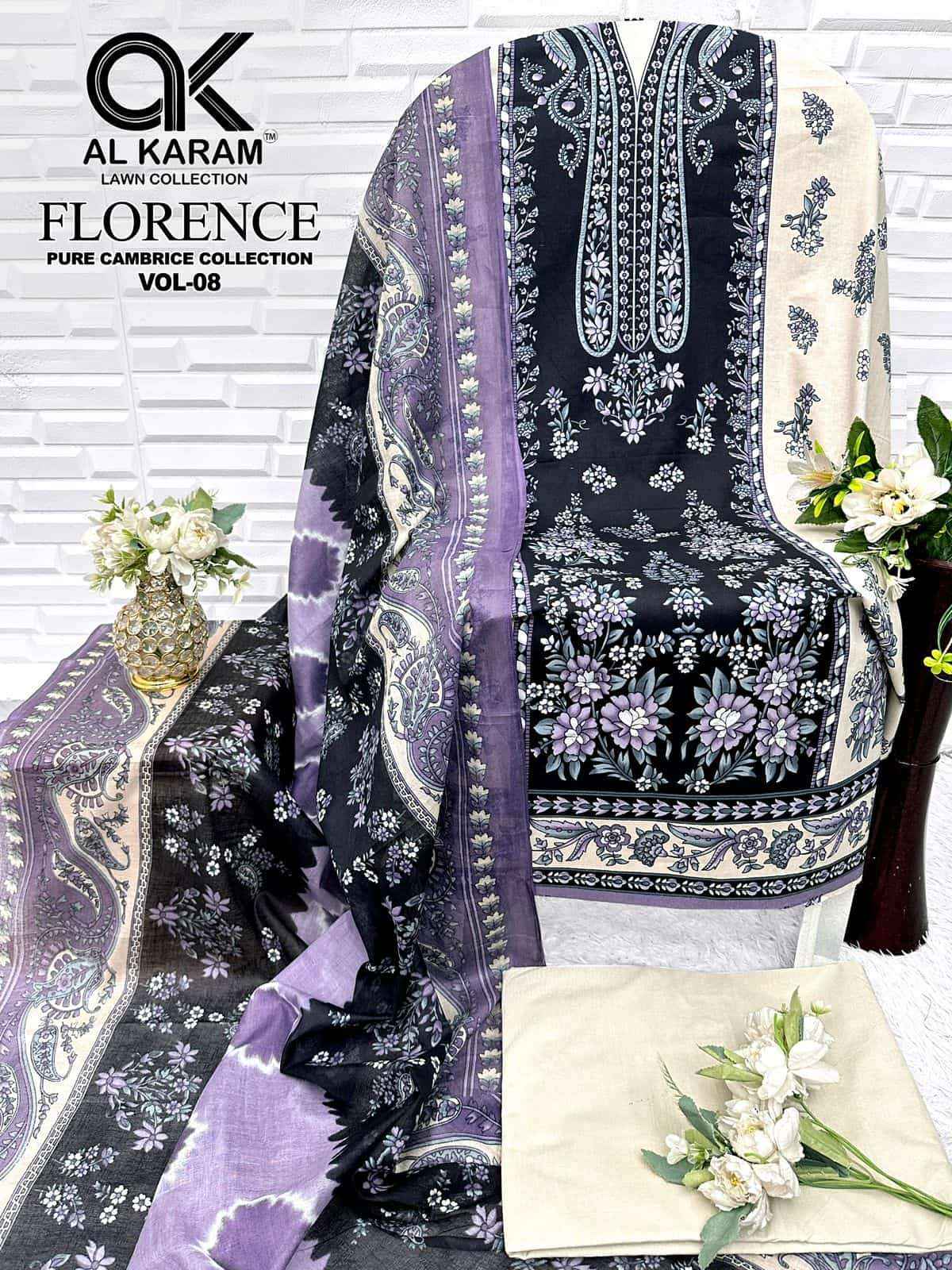 Al Karam Florence Vol 8 Pure Cambric Cotton Salwar Kameez _ Buy Surat Wholesale Market Price ( 6 Pcs Catalog )