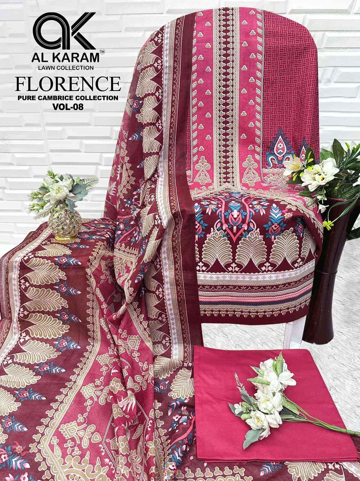 Al Karam Florence Vol 8 Pure Cambric Cotton Salwar Kameez _ Buy Surat Wholesale Market Price ( 6 Pcs Catalog )