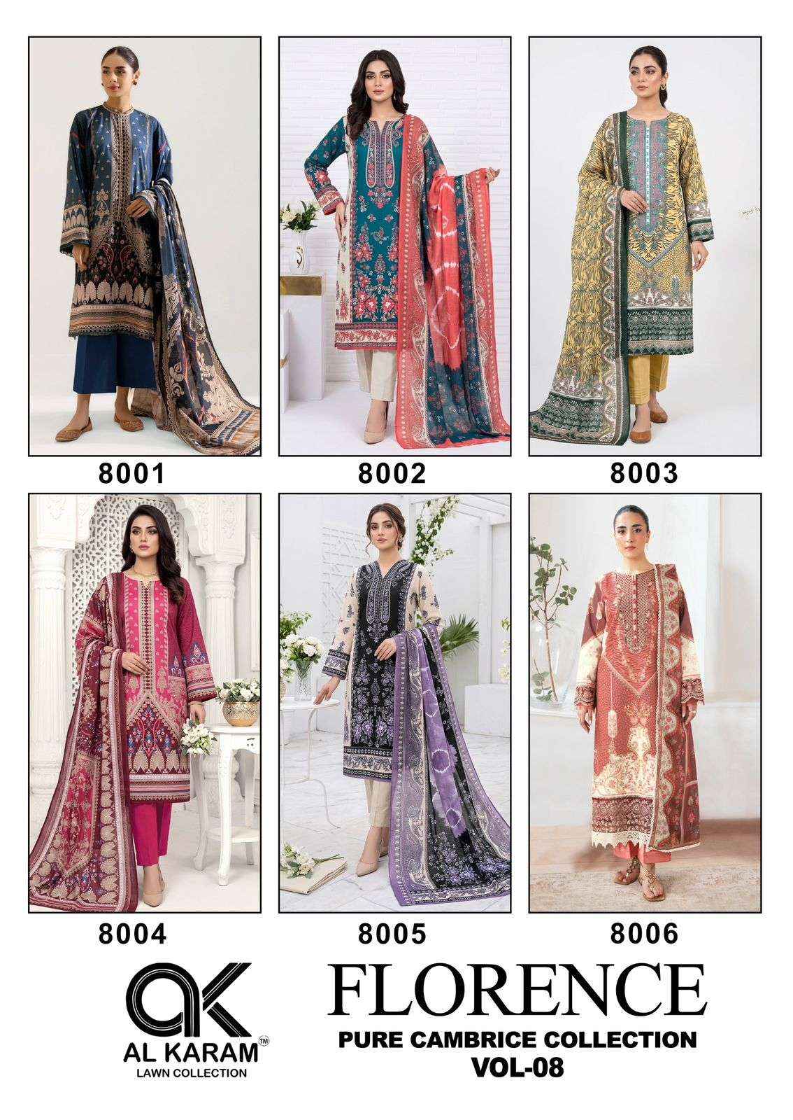Al Karam Florence Vol 8 Pure Cambric Cotton Salwar Kameez _ Buy Surat Wholesale Market Price ( 6 Pcs Catalog )