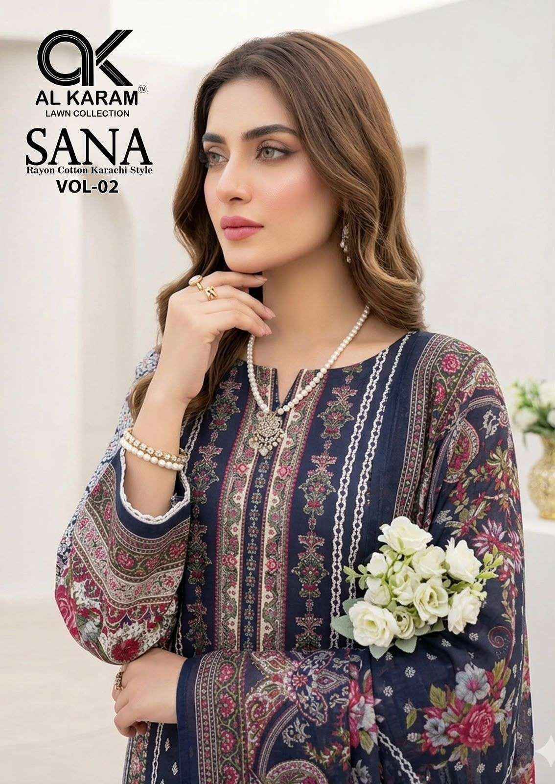 Al Karam Sana Vol 2 Rayon Dress Material, Wholesale Dealer Surat ( 8 pcs Catalogue )