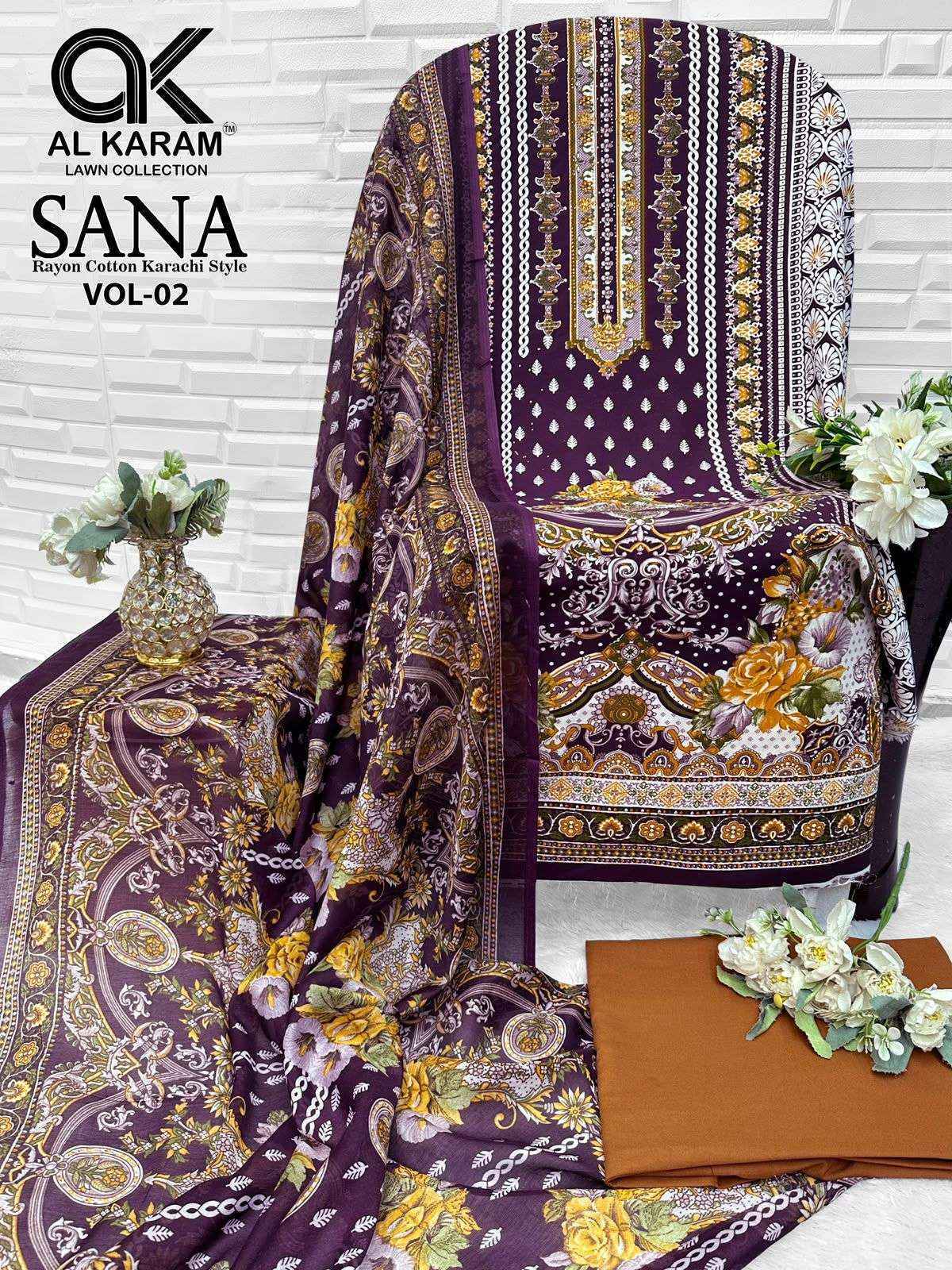Al Karam Sana Vol 2 Rayon Dress Material, Wholesale Dealer Surat ( 8 pcs Catalogue )