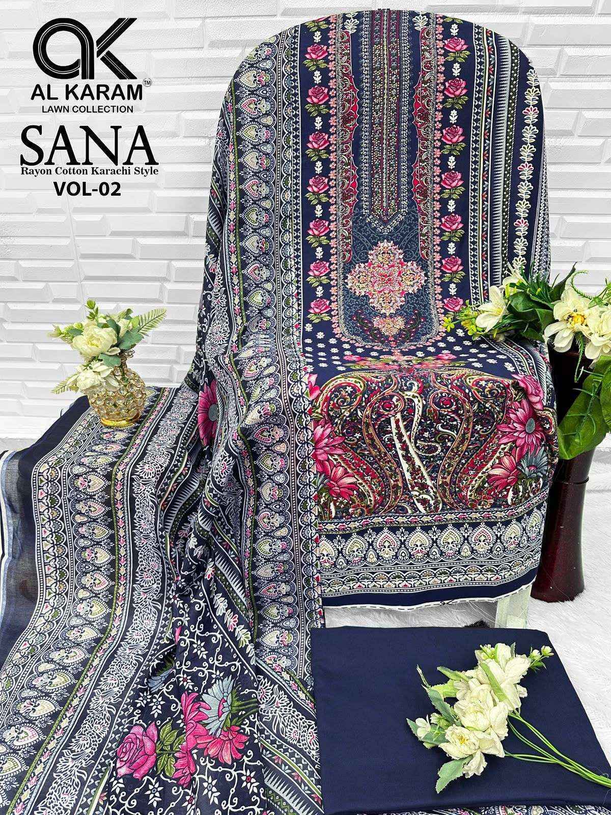 Al Karam Sana Vol 2 Rayon Dress Material, Wholesale Dealer Surat ( 8 pcs Catalogue )