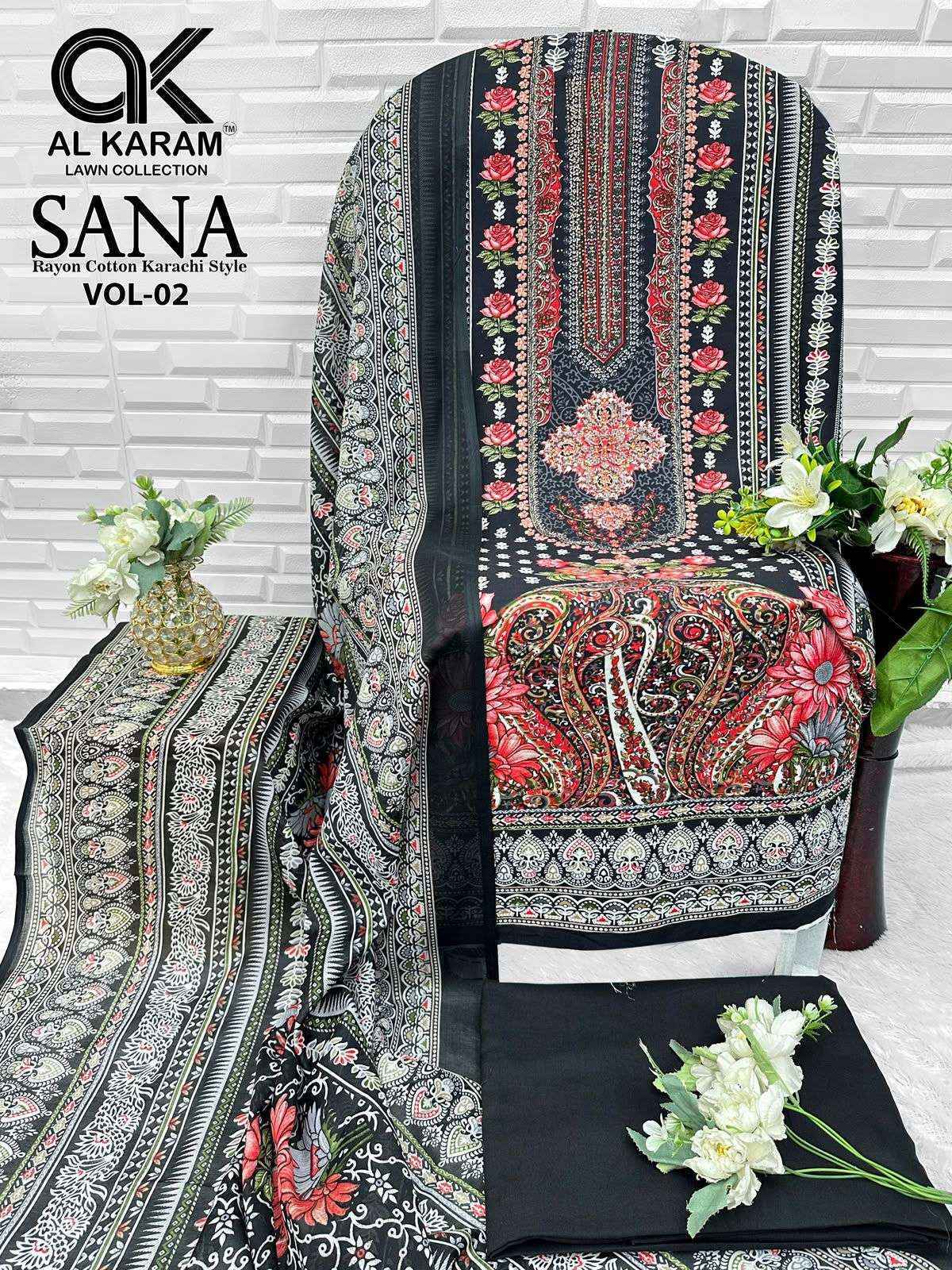 Al Karam Sana Vol 2 Rayon Dress Material, Wholesale Dealer Surat ( 8 pcs Catalogue )