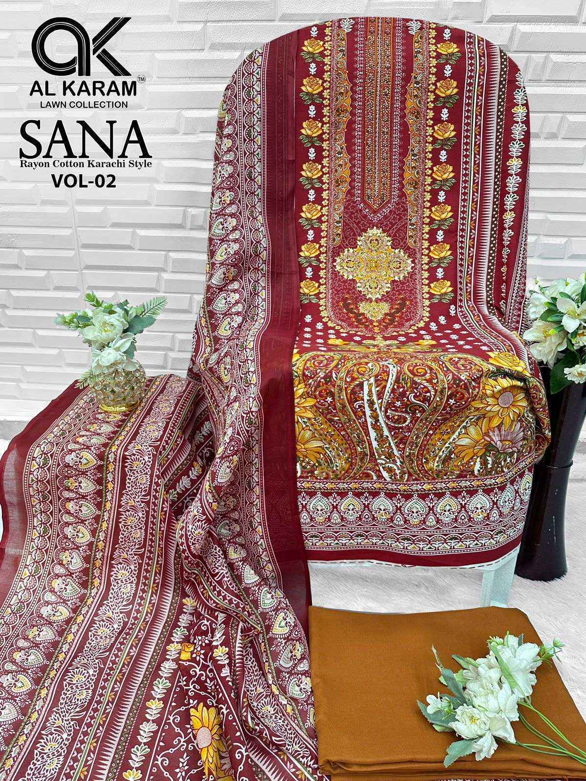Al Karam Sana Vol 2 Rayon Dress Material, Wholesale Dealer Surat ( 8 pcs Catalogue )