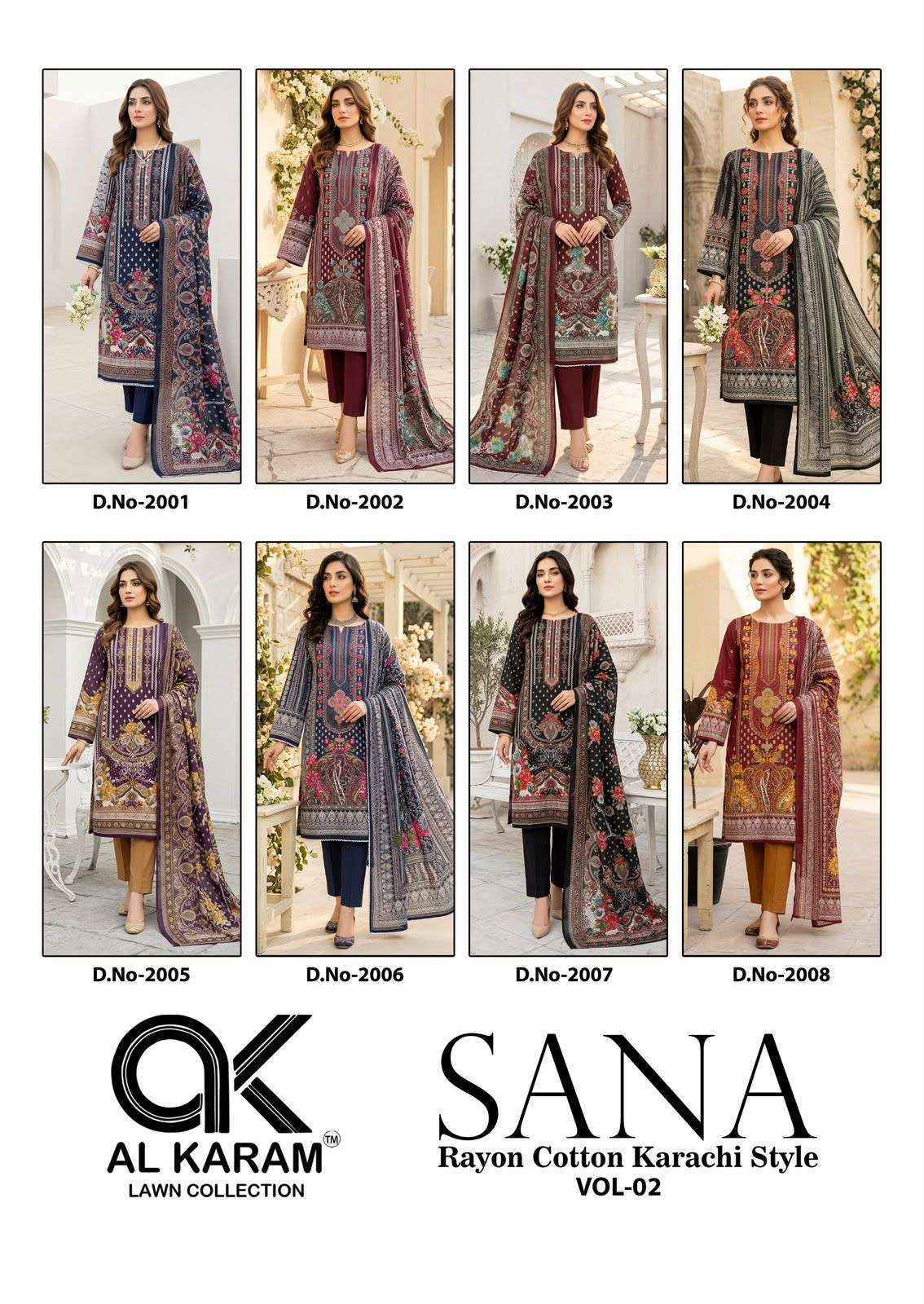 Al Karam Sana Vol 2 Rayon Dress Material, Wholesale Dealer Surat ( 8 pcs Catalogue )