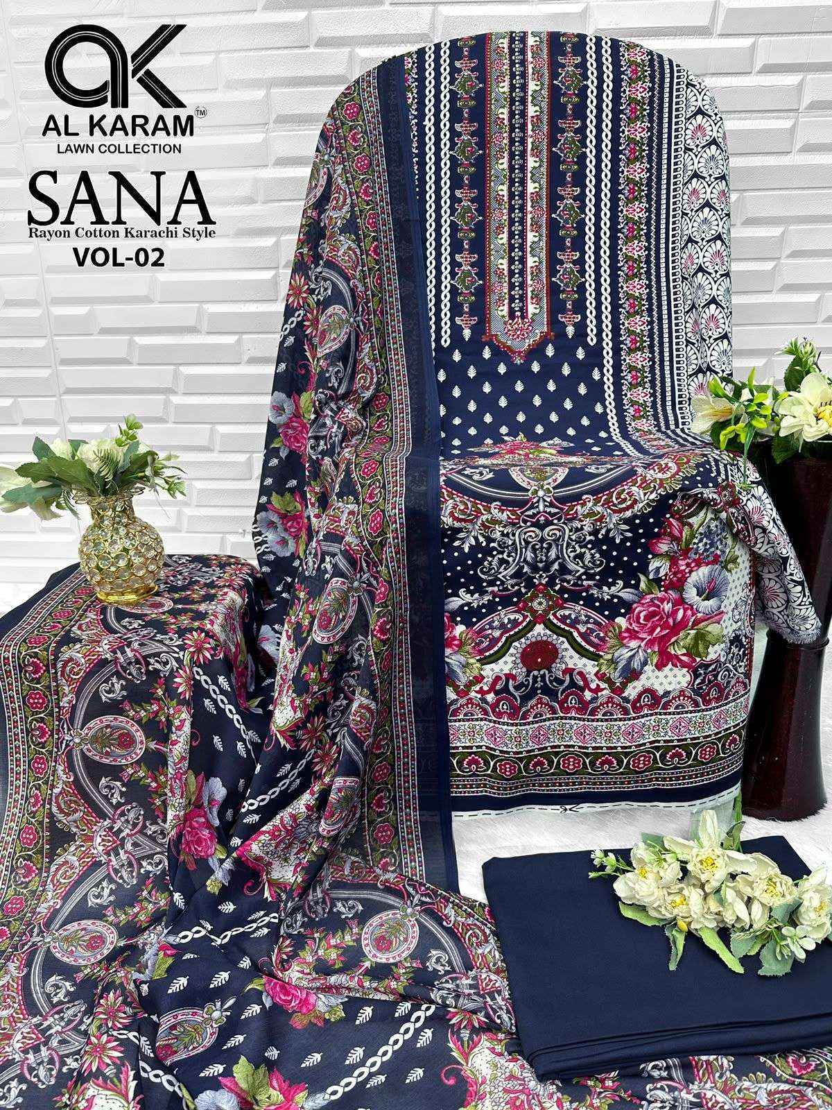 Al Karam Sana Vol 2 Rayon Dress Material, Wholesale Dealer Surat ( 8 pcs Catalogue )