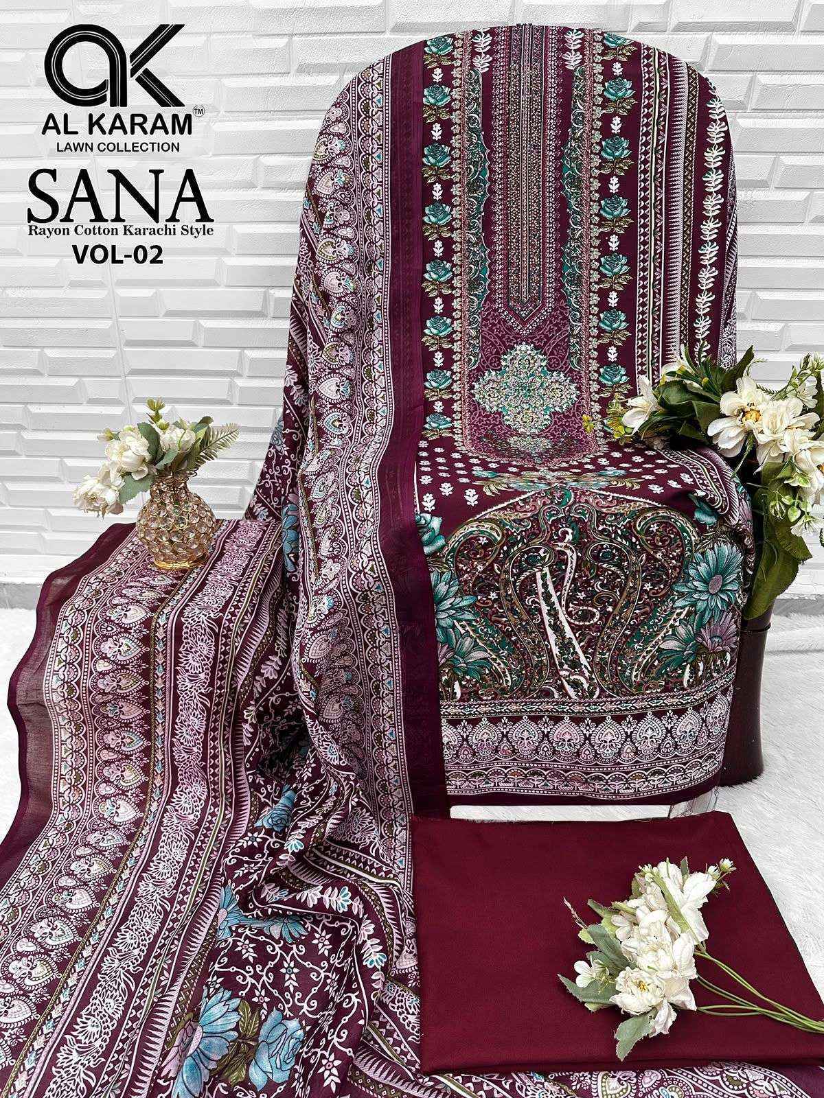 Al Karam Sana Vol 2 Rayon Dress Material, Wholesale Dealer Surat ( 8 pcs Catalogue )