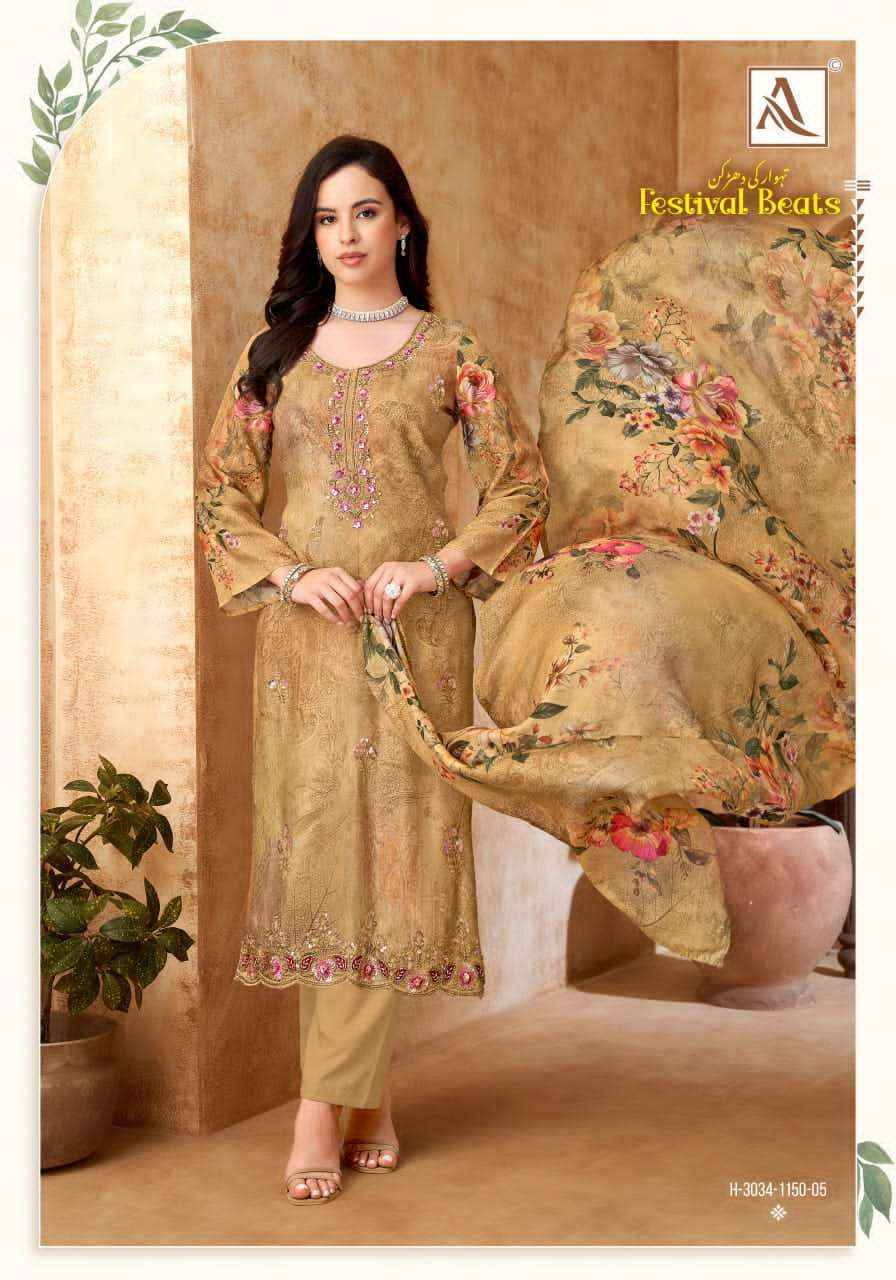 Alok Suit Festival Beats Fancy Muslin Salwar Suit _ Surat Wholesale Market Price ( 6 Pcs catalog )