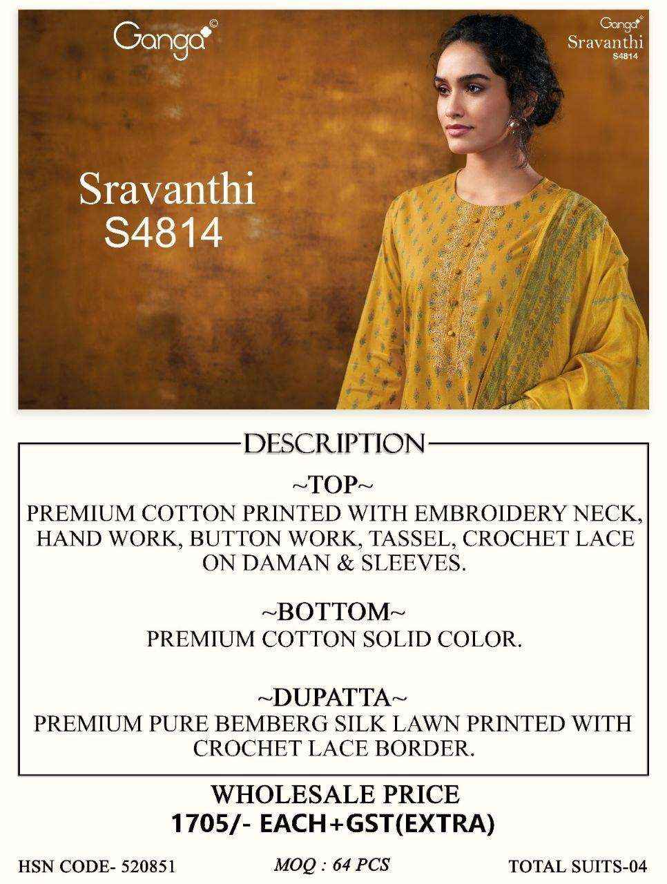 Ganga Fashion Sravanthi 4814 Exclusive Fancy Cotton Suit _ Surat Wholesale Market Price ( 4 Pcs Catalog )