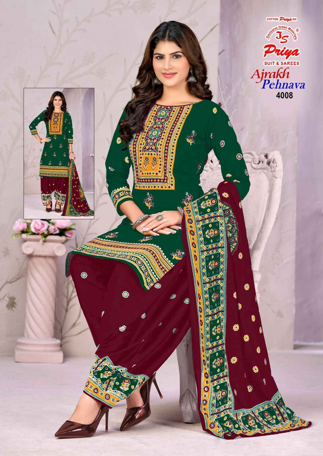 Js Priya Ajrakh Pehnava Vol 4 Cotton Salwar Kameez _ Wholesale Supplier Surat ( 10 Pcs Catalog )