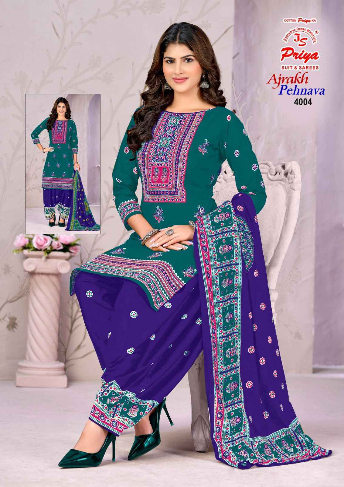 Js Priya Ajrakh Pehnava Vol 4 Cotton Salwar Kameez _ Wholesale Supplier Surat ( 10 Pcs Catalog )