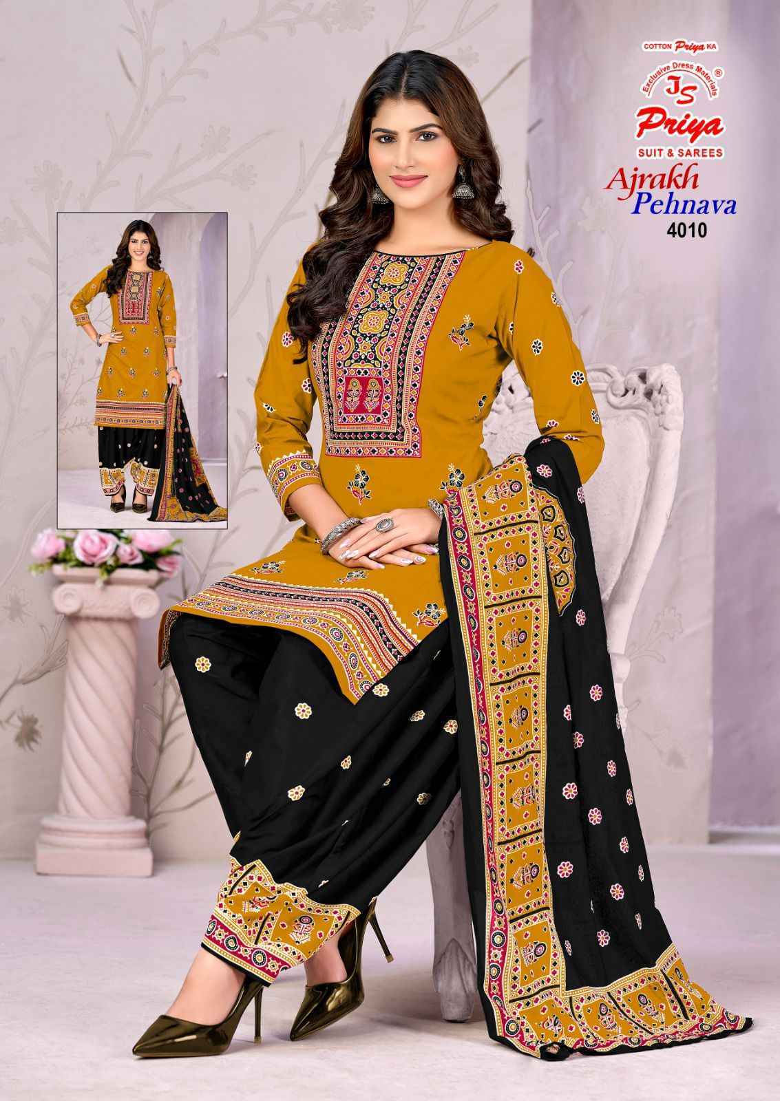 Js Priya Ajrakh Pehnava Vol 4 Cotton Salwar Kameez _ Wholesale Supplier Surat ( 10 Pcs Catalog )