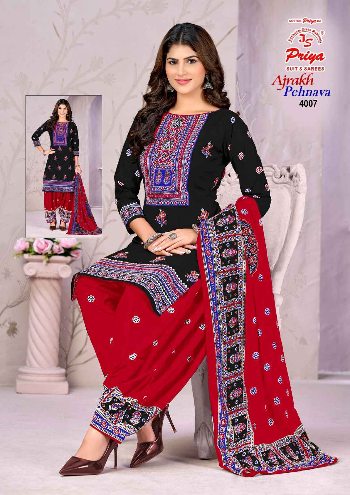 Js Priya Ajrakh Pehnava Vol 4 Cotton Salwar Kameez _ Wholesale Supplier Surat ( 10 Pcs Catalog )