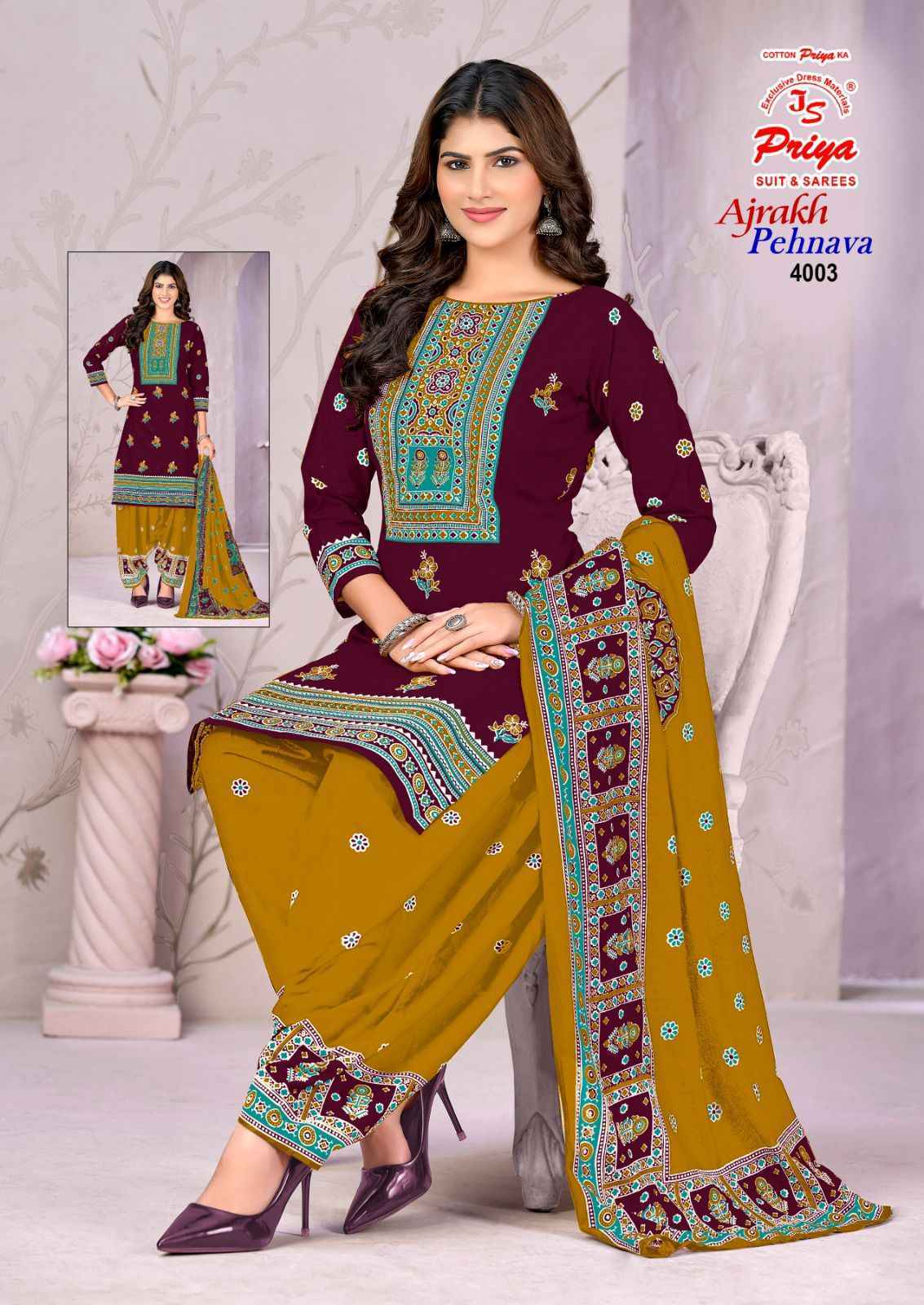 Js Priya Ajrakh Pehnava Vol 4 Cotton Salwar Kameez _ Wholesale Supplier Surat ( 10 Pcs Catalog )