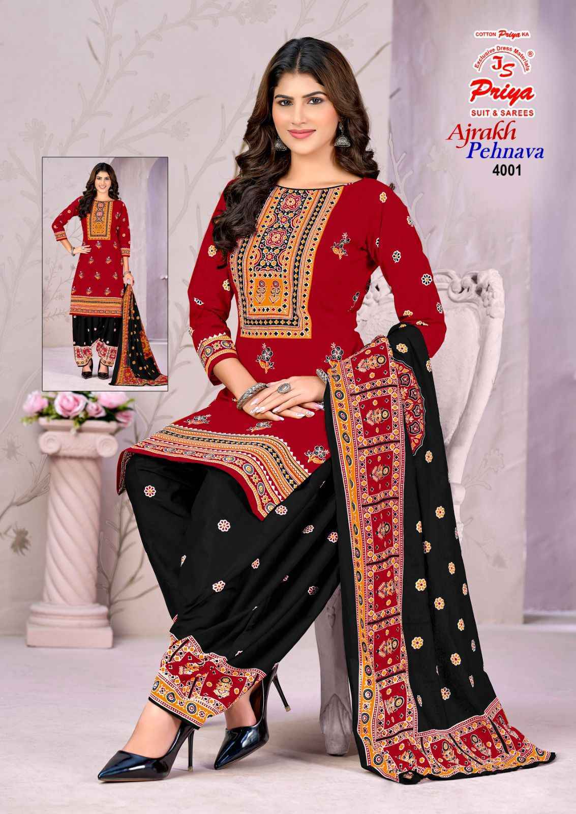 Js Priya Ajrakh Pehnava Vol 4 Cotton Salwar Kameez _ Wholesale Supplier Surat ( 10 Pcs Catalog )