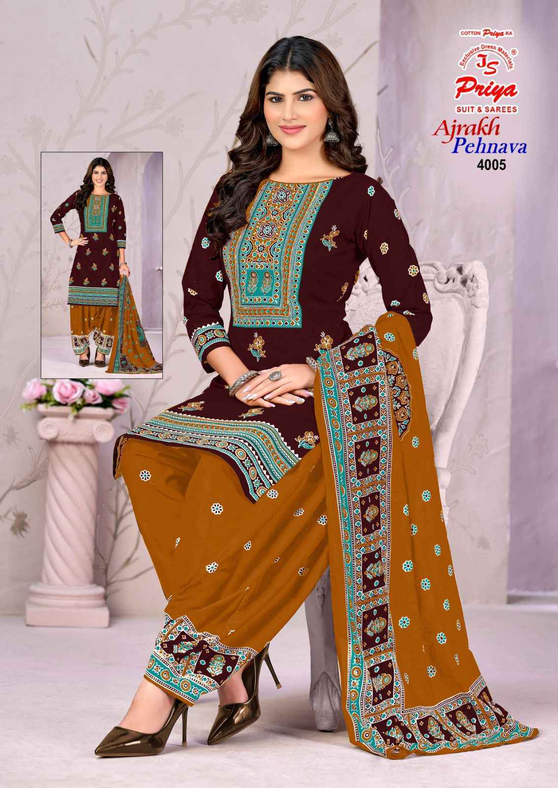 Js Priya Ajrakh Pehnava Vol 4 Cotton Salwar Kameez _ Wholesale Supplier Surat ( 10 Pcs Catalog )