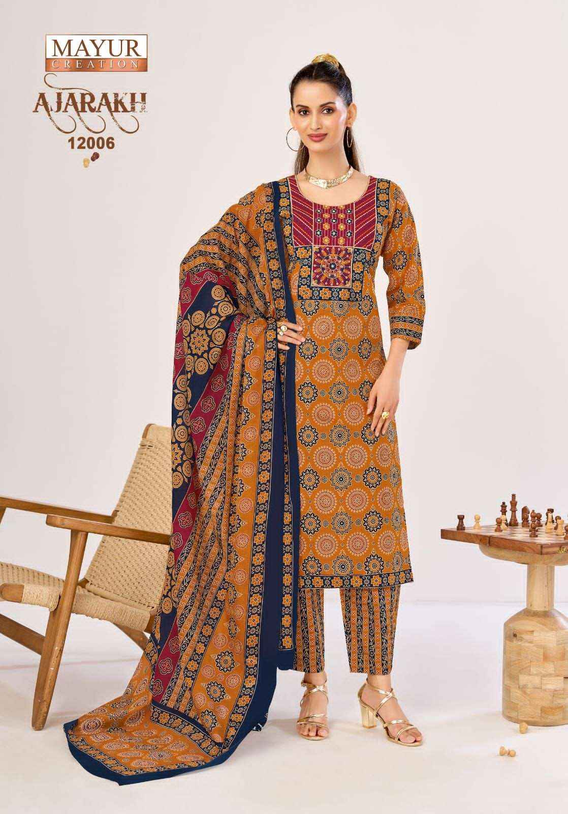 Mayur Ajarakh Vol 12 Printed Cotton Kurti Bottom Dupatta Set _ _ Surat Wholesale Shop ( 10 Pcs Catalog )