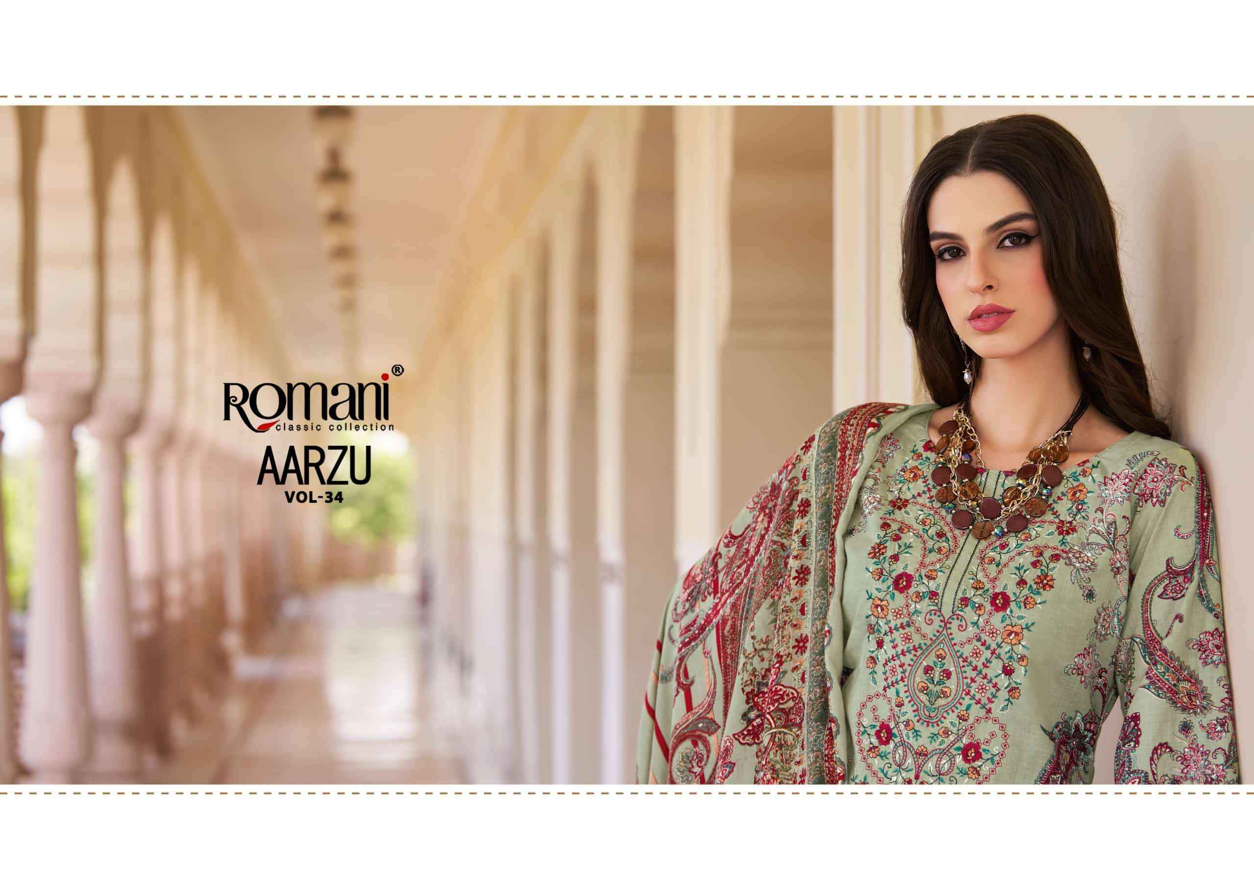 Romani Aarzu Vol 34 Unstitch Cotton Ladies Suit _ Surat Wholesale Textile Price ( 8 Pcs catalog )