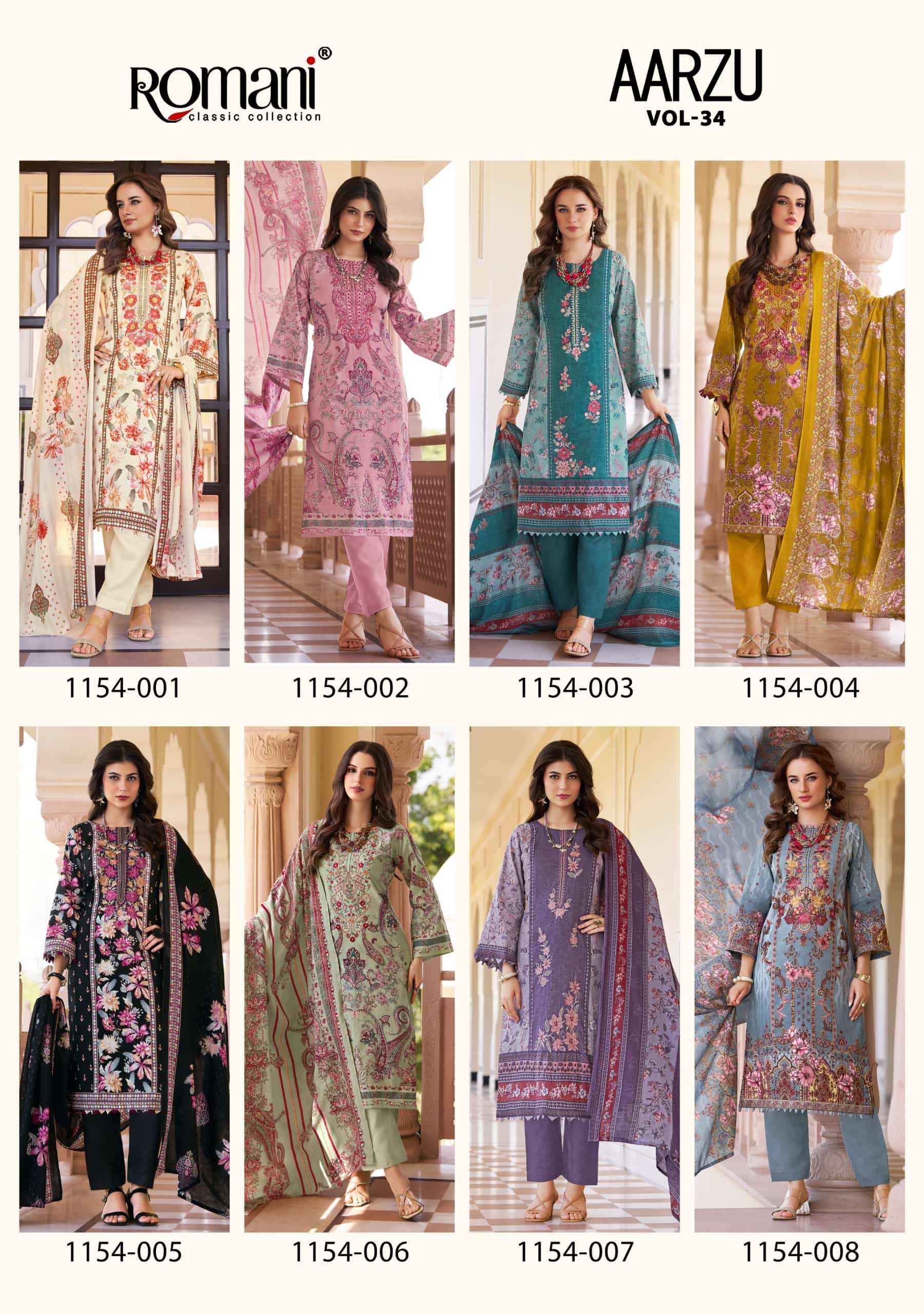Romani Aarzu Vol 34 Unstitch Cotton Ladies Suit _ Surat Wholesale Textile Price ( 8 Pcs catalog )