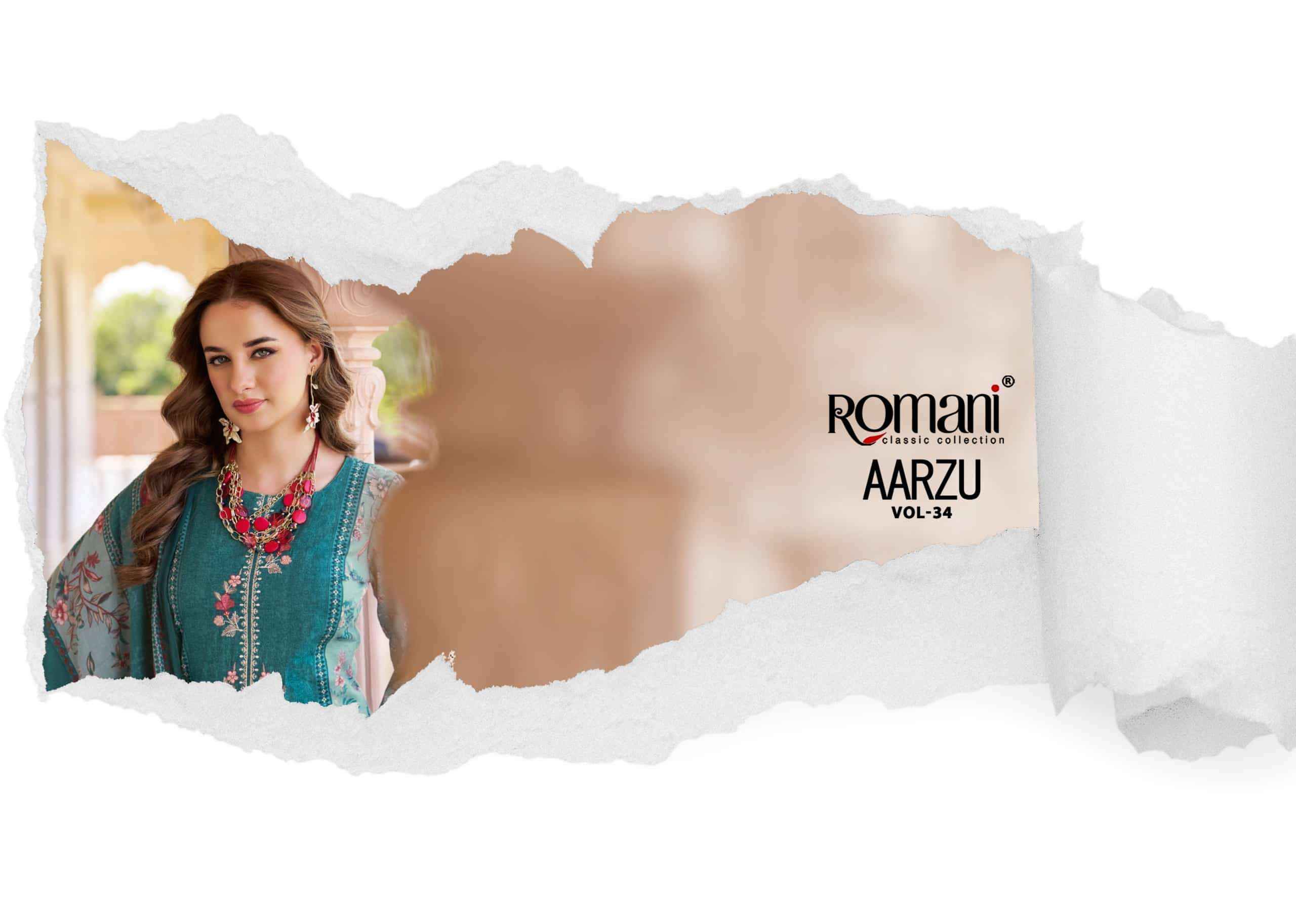 Romani Aarzu Vol 34 Unstitch Cotton Ladies Suit _ Surat Wholesale Textile Price ( 8 Pcs catalog )