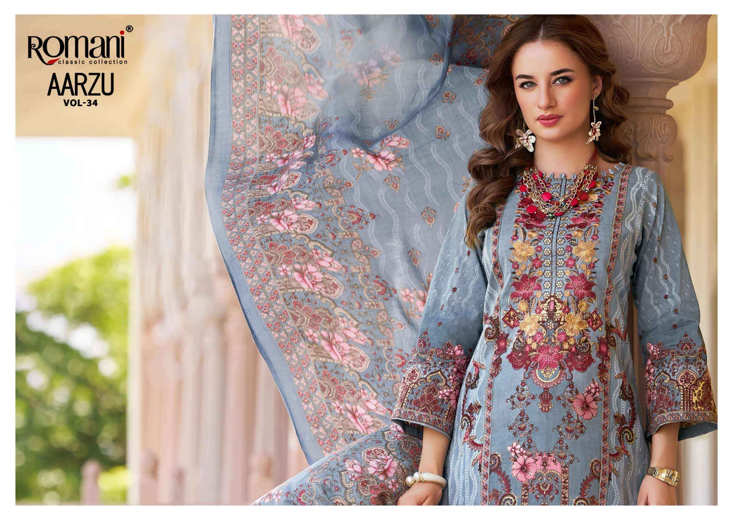 Romani Aarzu Vol 34 Unstitch Cotton Ladies Suit _ Surat Wholesale Textile Price ( 8 Pcs catalog )