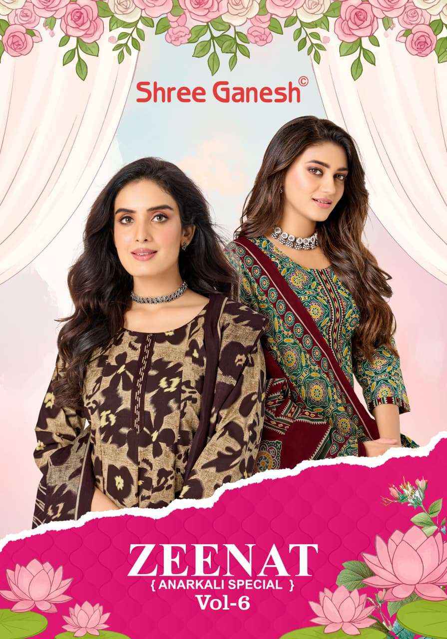 Shree Ganesh Zeenat Vol 6 Heavy Cotton Anarkali Style 3 Pec Suit _ Buy Surat Wholesale Price ( 10 Pcs catalog )
