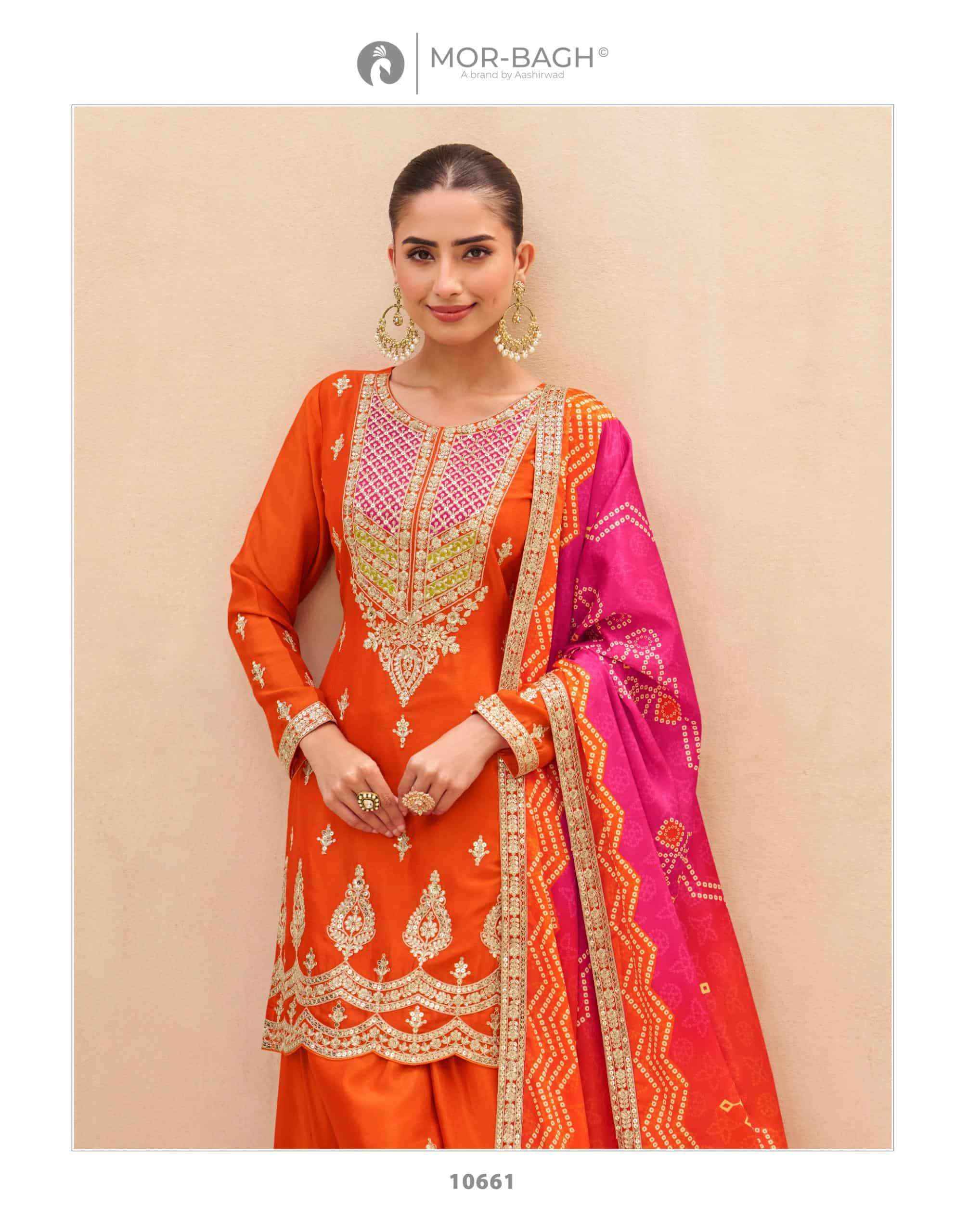 Aashirwad Mor Bagh Aruna 10659 To 10661 Wedding Wear Designer Palazzo Suit _ Wholesale Texteli Market Price ( 3 Pcs Catalog )