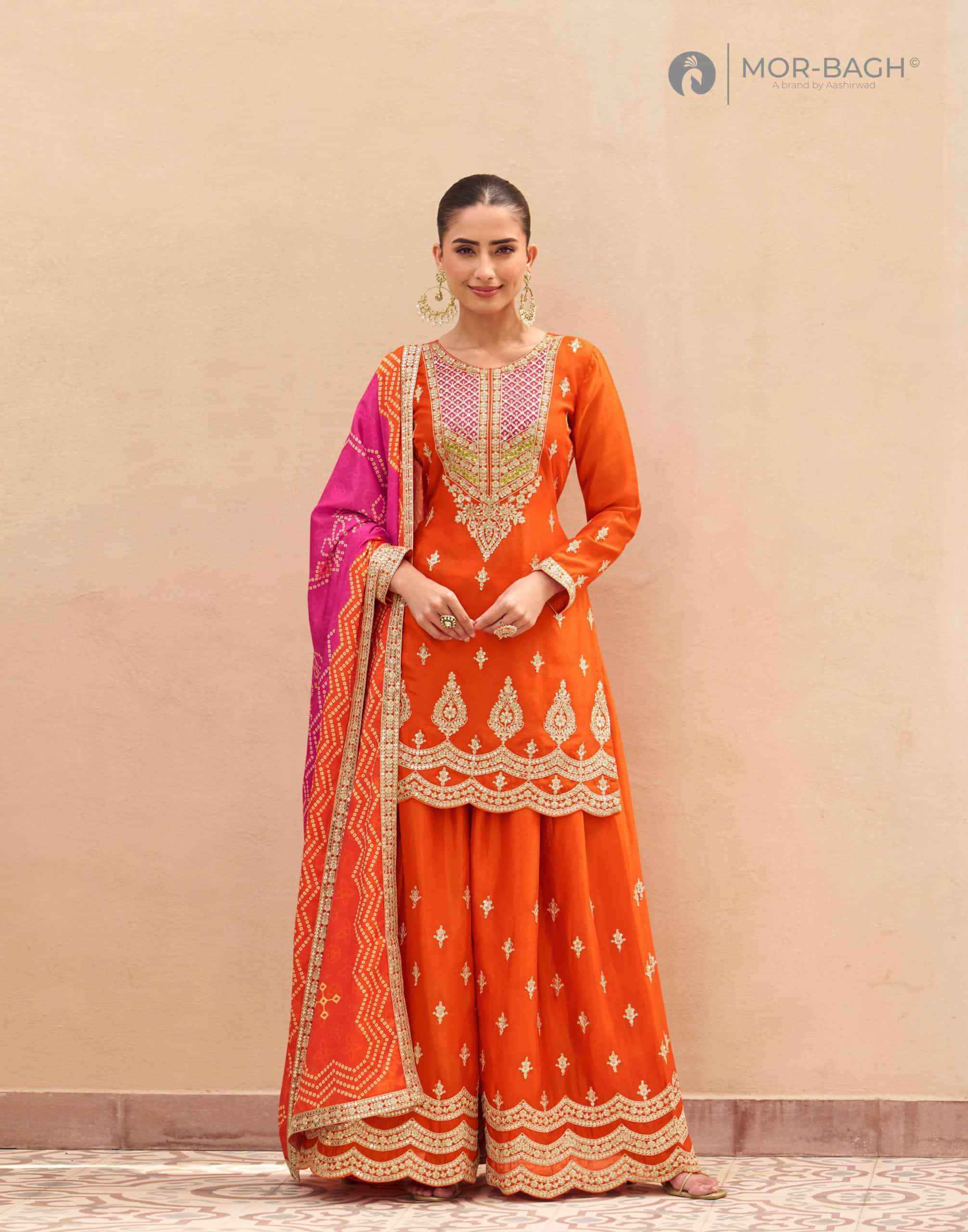 Aashirwad Mor Bagh Aruna 10659 To 10661 Wedding Wear Designer Palazzo Suit _ Wholesale Texteli Market Price ( 3 Pcs Catalog )
